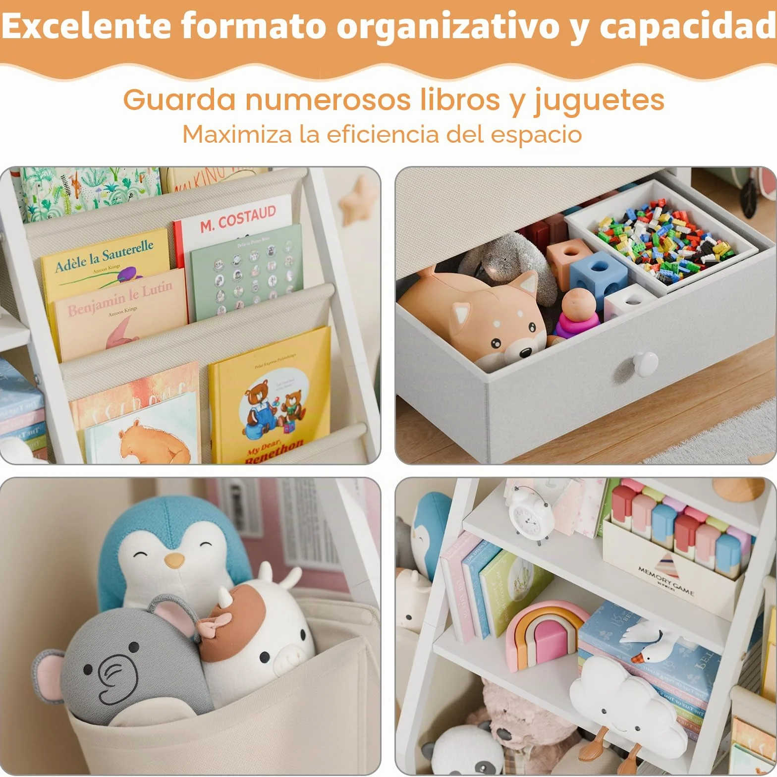 Estantería y almacenamiento de juguetes, estante para libros y guardería, organizador Montessori, color blanco
