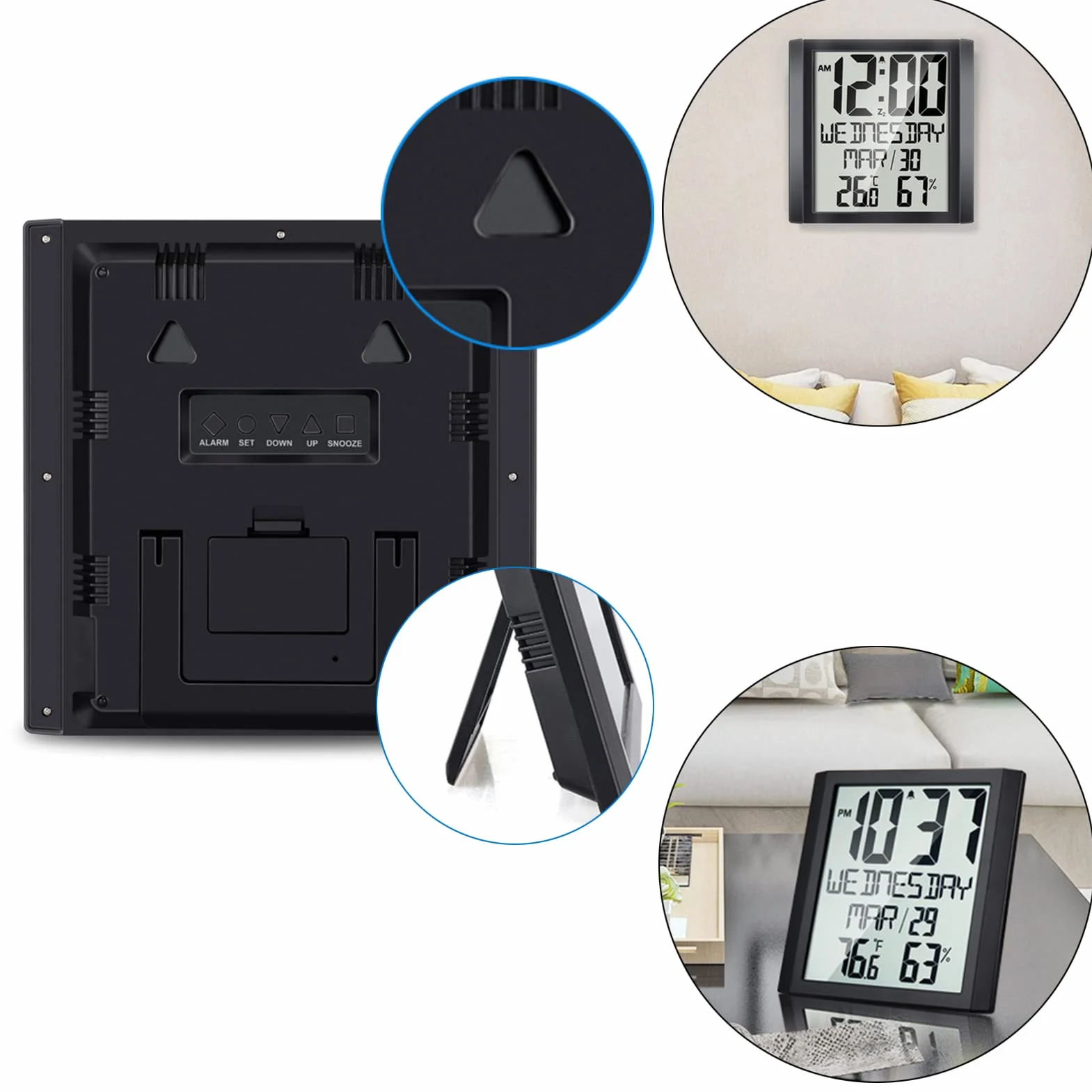 ThreeH Reloj Digital de Pared Reloj de Escritorio con Temperatura Humedad Fecha Semana Gran Pantalla Calendario Despertador a Pilas Mayores