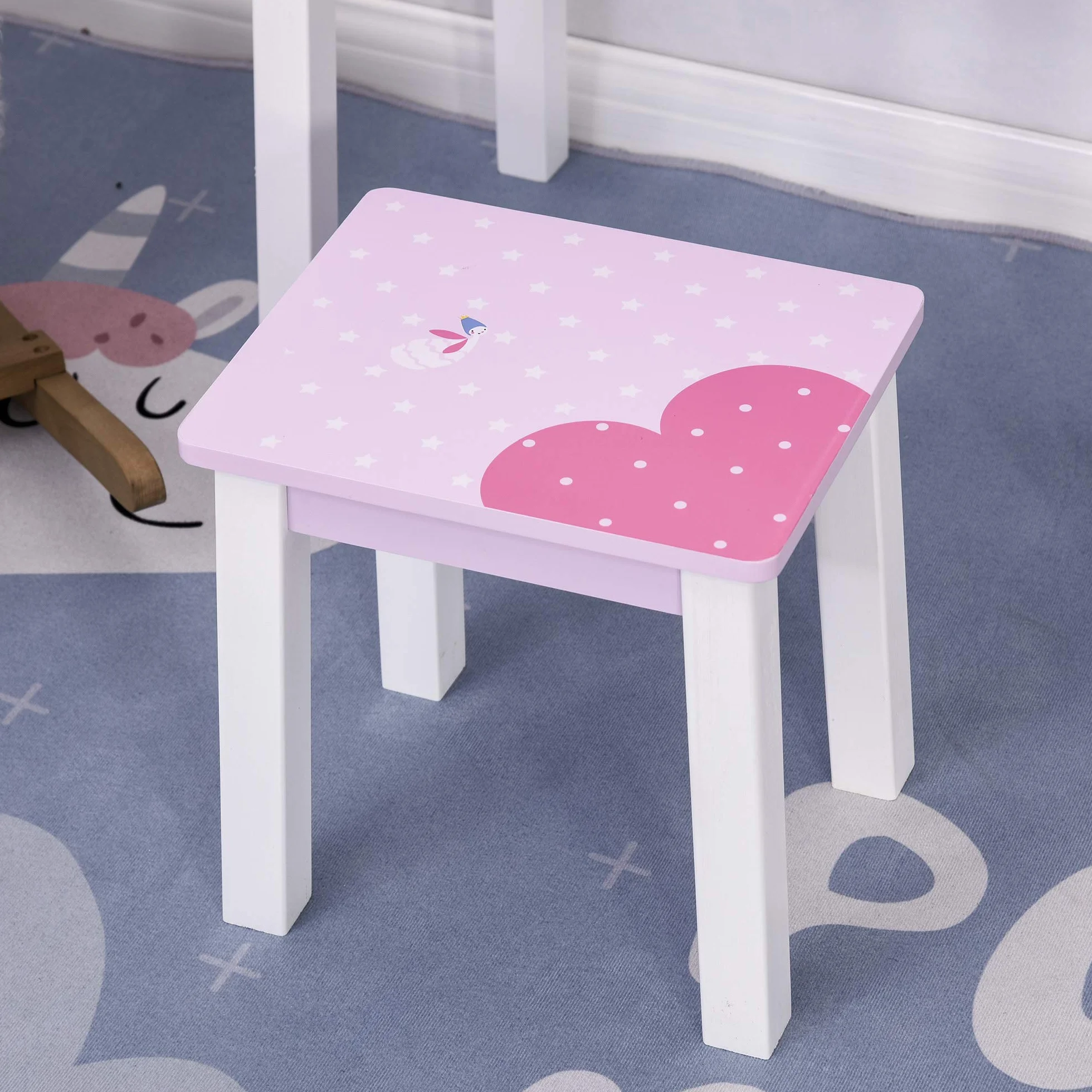 HOMCOM Tocador Infantil con Taburete y Espejo Tipo Princesa Mesa de Maquillaje Madera Rosa 60x34x93 cm