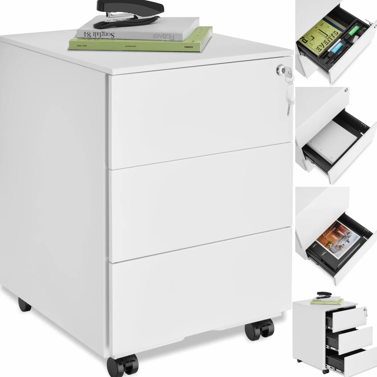 tectake® Robusta Cajonera Escritorio, Acero con Recubrimiento en Polvo, Tres Cajones DIN A4, Cajonera Oficina, Cierre Centralizado, Cajoneras con Ruedas Giratorias - 55x45x39cm Blanco