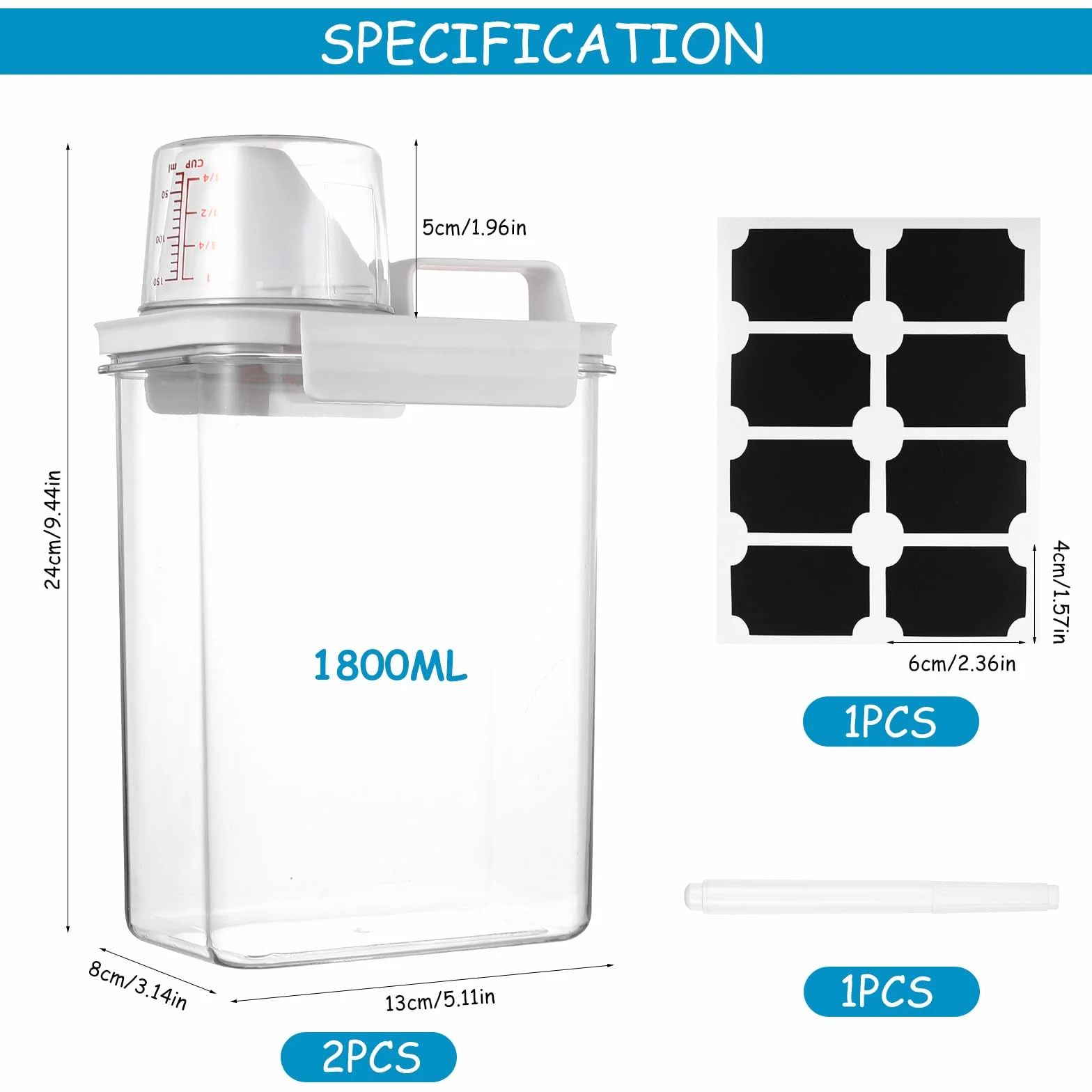 Dosificador Detergente Lavadora 1800 ml Recipientes para Detergente en Polvo con Vaso Medidor, Dispensador de Detergentes