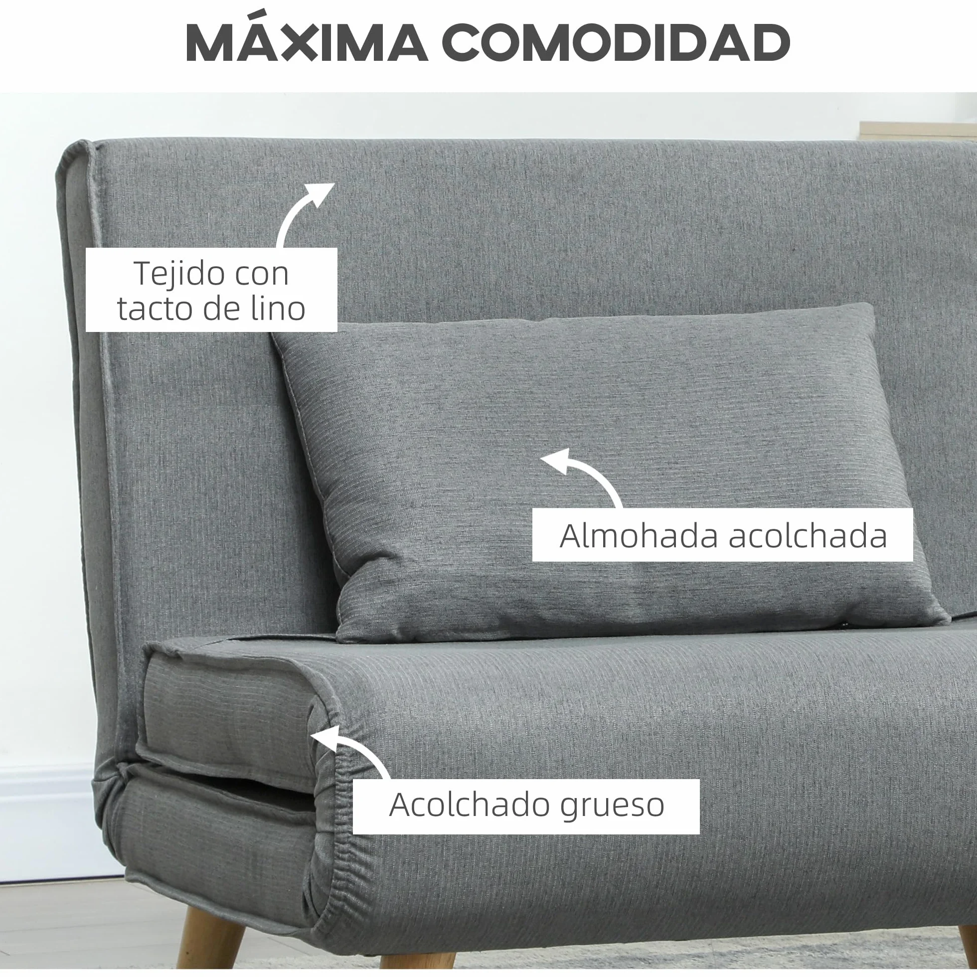 HOMCOM Sofá Cama de 1 Plaza 3 en 1, Sillón Cama Plegable Tapizado en Lino Sintético, con Respaldo Ajustable en 6 Niveles, Almohada, Asiento Ancho, Patas de Madera, 90x78x79 cm, Gris