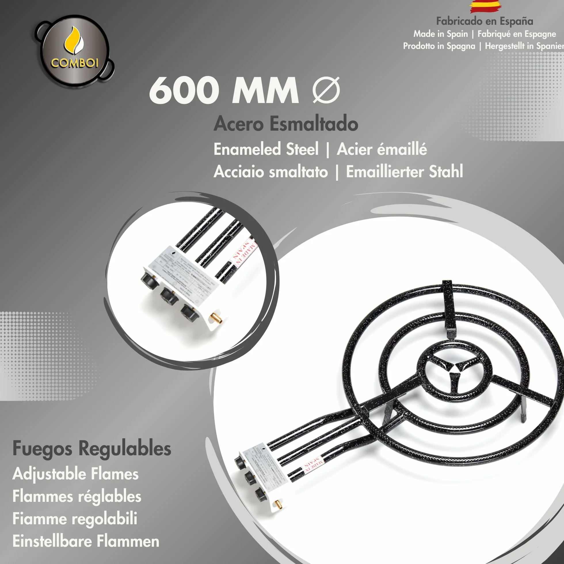 COMBOI Paellero gas butano 60 cm, Kit Quemador paelleras esmaltadas de 70 cm + 42 cm, Regulador de gas, Manguera, Soporte Patas reforzadas, nivel, delantal, Libro de Recetas digital