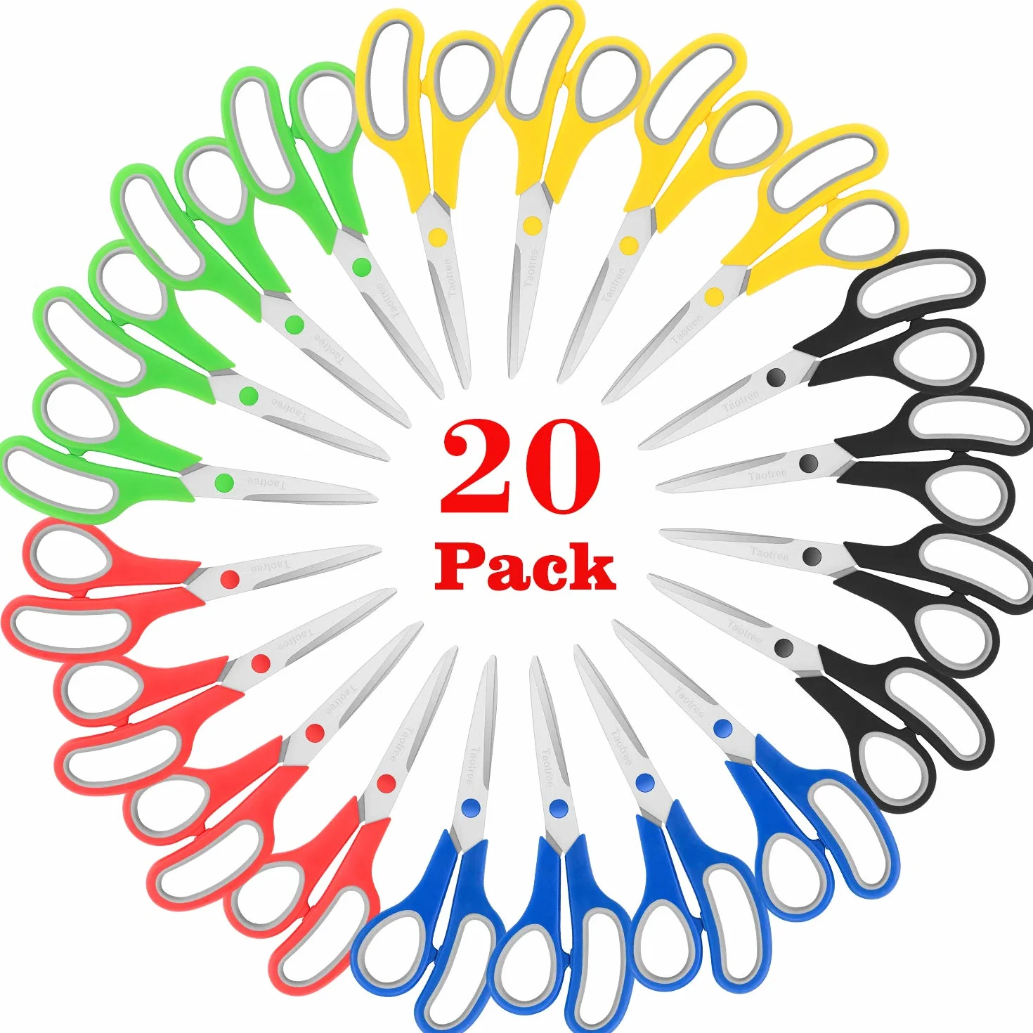 Taotree Juego de 20 tijeras multiusos de 8 pulgadas, asas suaves y cómodas, tijeras afiladas de acero inoxidable para escuela, oficina, hogar, tijeras de aula de escuela secundaria, suministros de