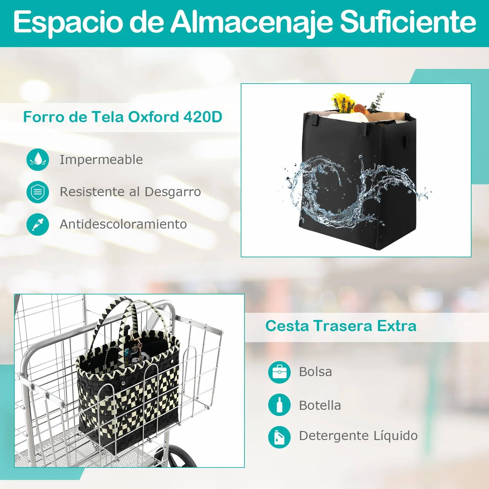 GOPLUS Carro de la Compra Plegable 126L, Carrito Compra Portátil Grande con Ruedas Universales y 2 cestas, Bolsa Impermeable Extraíble, Carga Máxima 150KG, Ideal para Lavandería Equipaje, Plateado