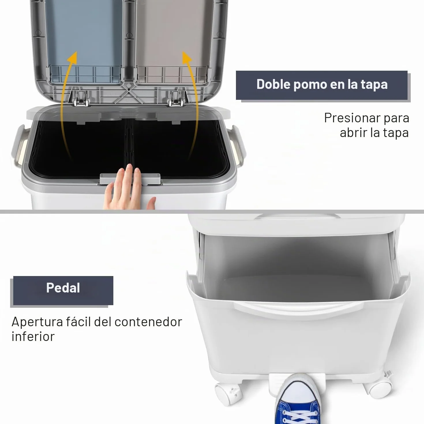Fiqops Cubo de basura para cocina 42L con 3 compartimentos, separador de seco y húmedo, cubo de basura con pedal y ruedas para cocina, oficina y hogar, color blanco
