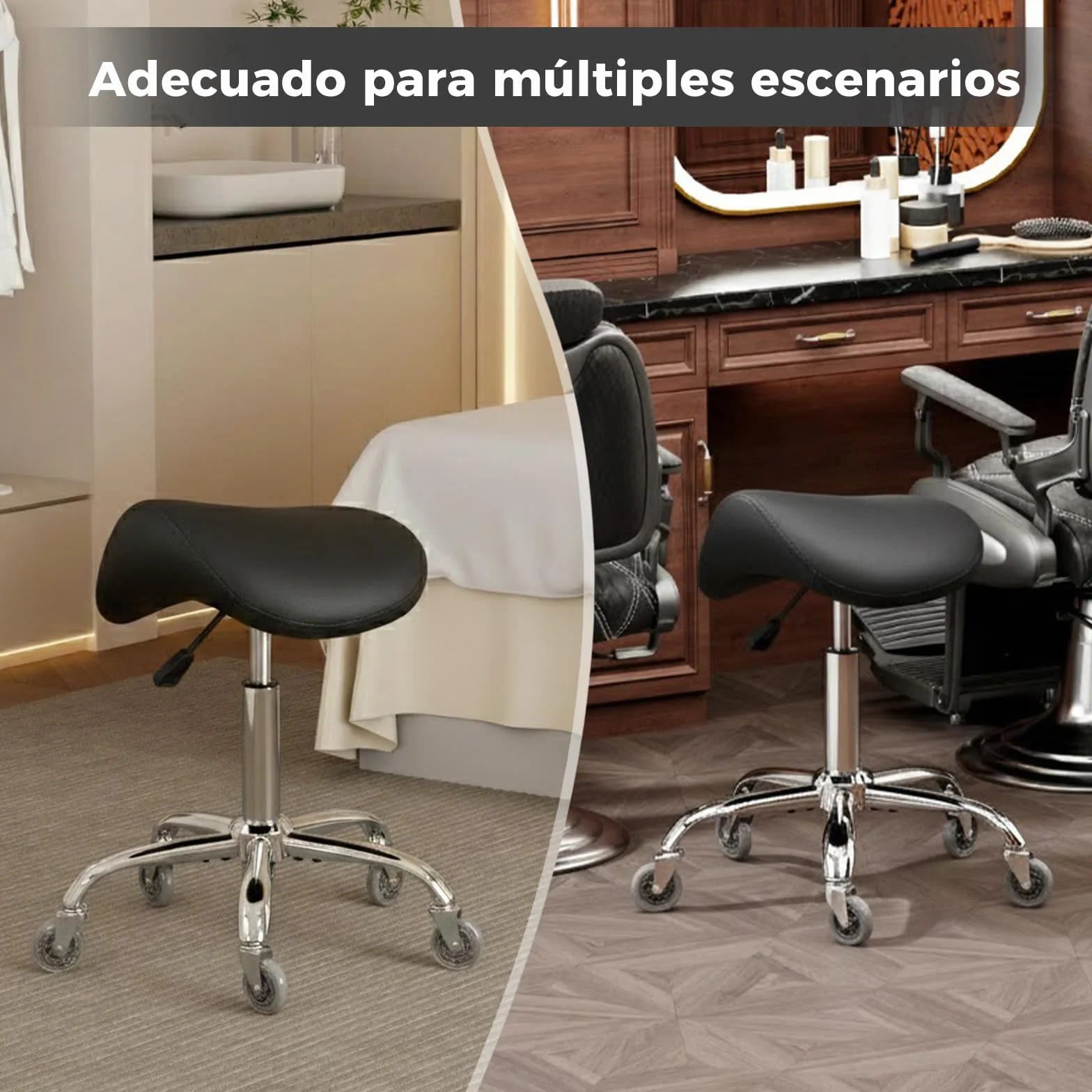 BEWISHOME Taburete Ergonómico de Silla de Montar con Ruedas, Ajuste Hidráulico Altura, Cojín Asiento Más Ancho, Adecuado a Peluquerías, Oficinas, Centros Masajes y Salones Belleza (Negro)