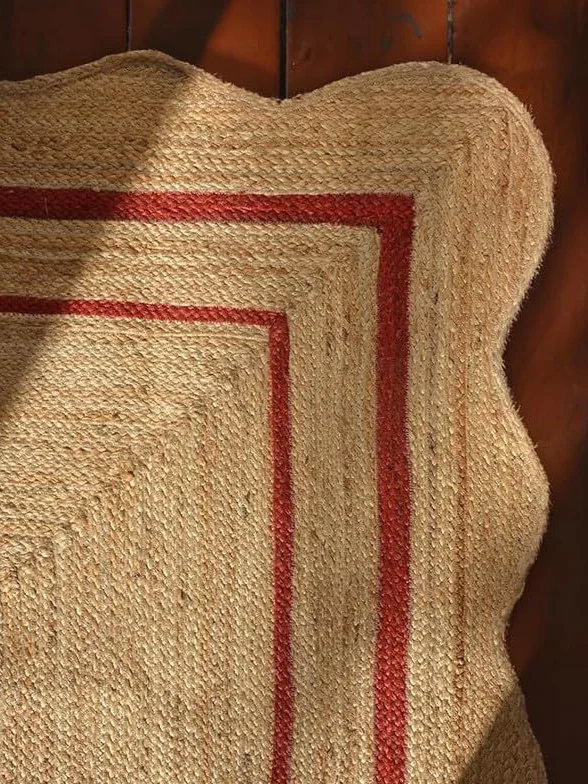 Alfombra de yute festoneado de alta calidad tejida a mano con borde rojo de 2 x 3 pies, alfombra de fibra natural hecha a mano, alfombra de estilo bohemio y rústico para sala de estar