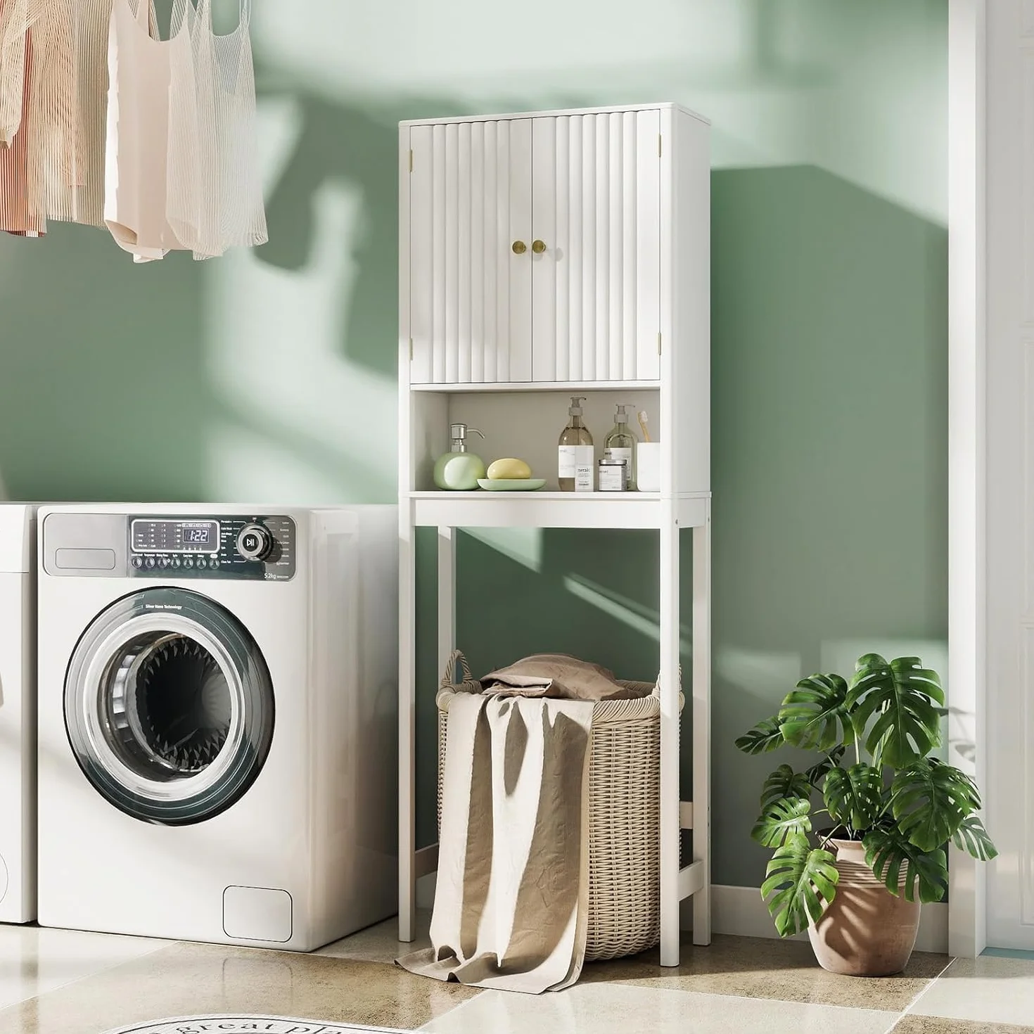 GIANTEX Mueble Organizador sobre Inodoro, Armario de Pie con 2 Puertas y 1 Compartimento Abierto, Estante Inferior Ajustable, 60 x 23 x 168 cm, Estantería Alta para Baño, Lavadero (Blanco)