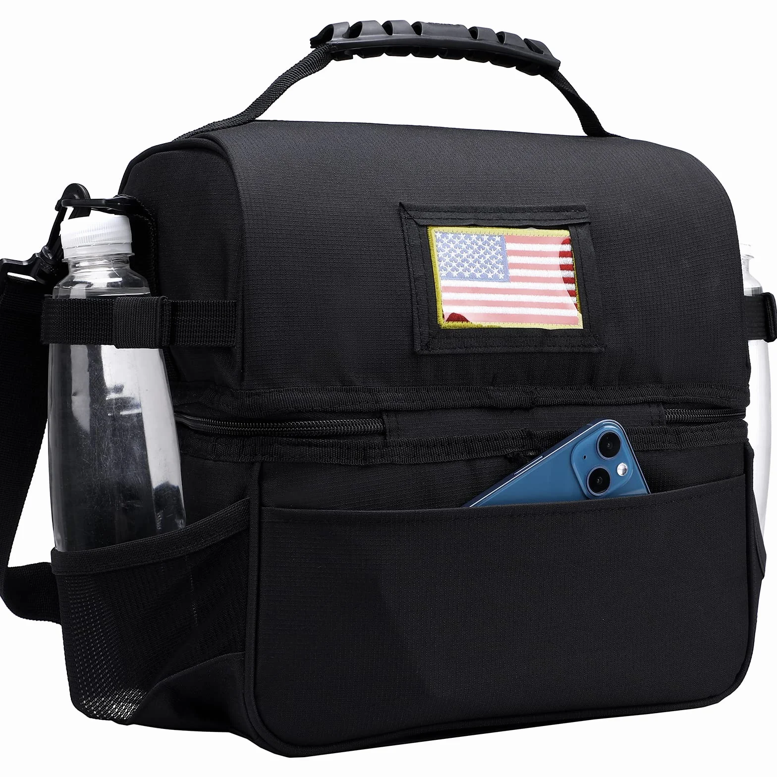 MIER Bolsa de almuerzo con doble compartimento para hombres y mujeres, bolsa térmica aislada a prueba de fugas, color negro