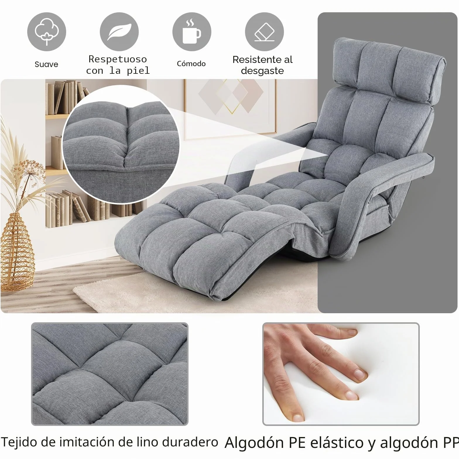 GOPLUS Sillón Relax Reclinable en 6 Posiciones, Sillla Suelo Plegable con Cojín Acolchado, Sofá Orejero Individual para Lectura y Gamer en Dormitorio,196 x 72 x 19.5 cm, Gris (Gris Oscuro)