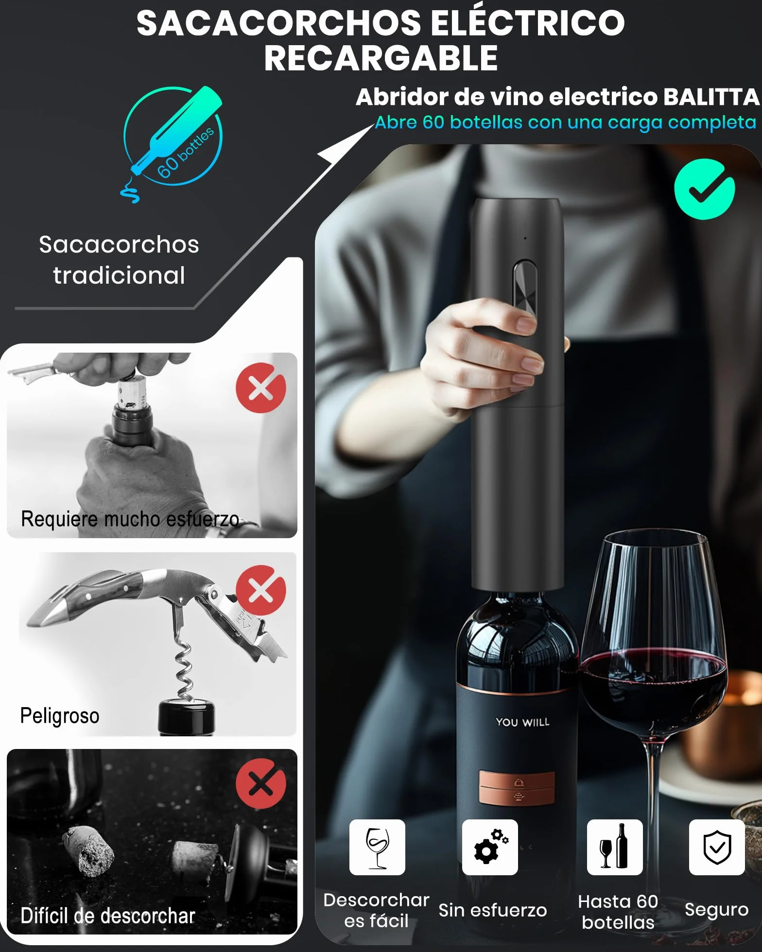 Sacacorchos eléctrico recargable abridor de vino profesional con cable USB