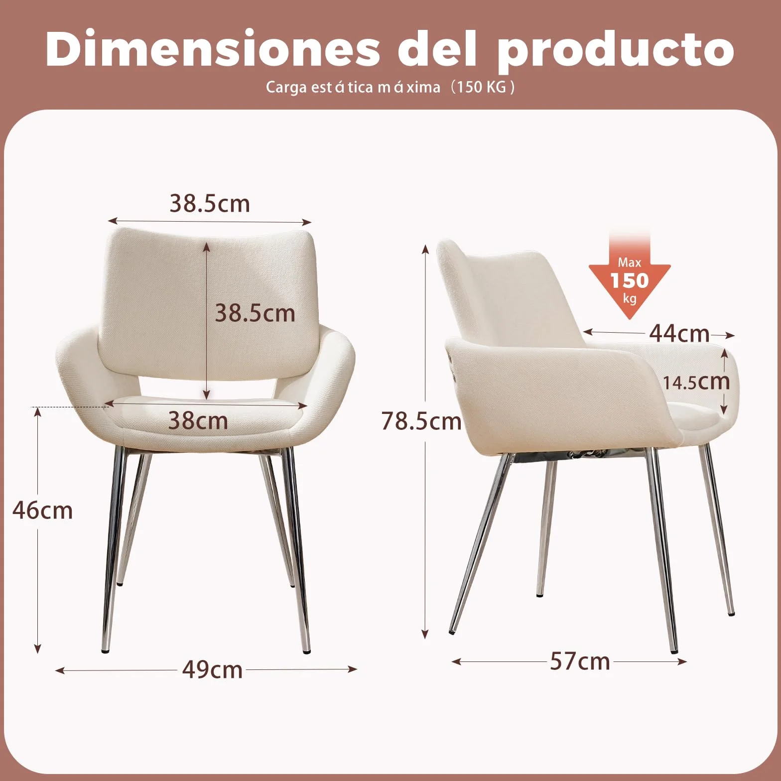 ELUCHANG 4 Sillas de Comedor, Chenilla​ Blanco Hueso, con Respaldo y Reposabrazos,Patas metálicas, para Comedor, Tocador, Cocina, Estables 150 kg