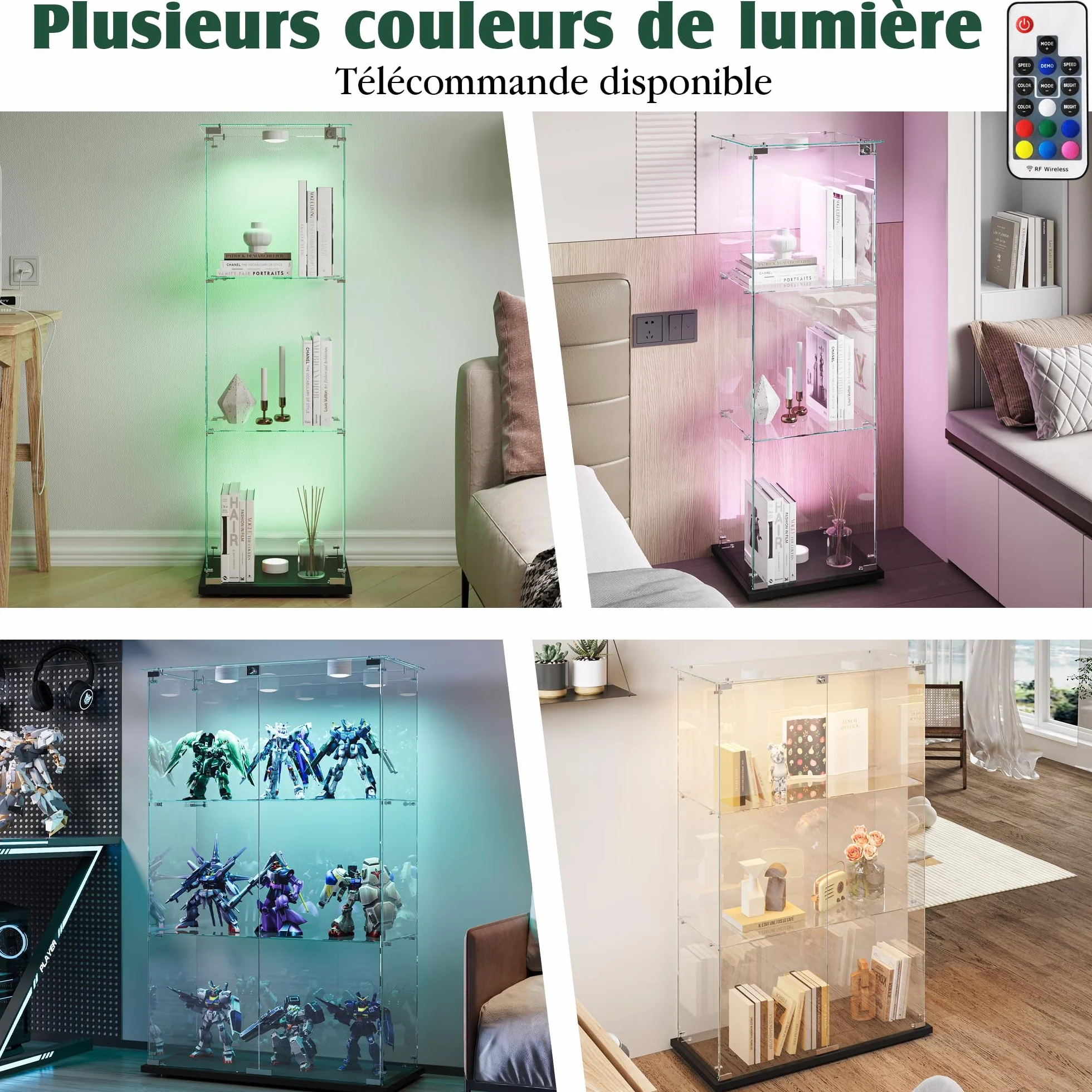 vitrina de cristal con LED, armario para colección transparente, mueble de cristal con 1 puerta y cerradura, 3 estantes, 123x40x35 cm, negro