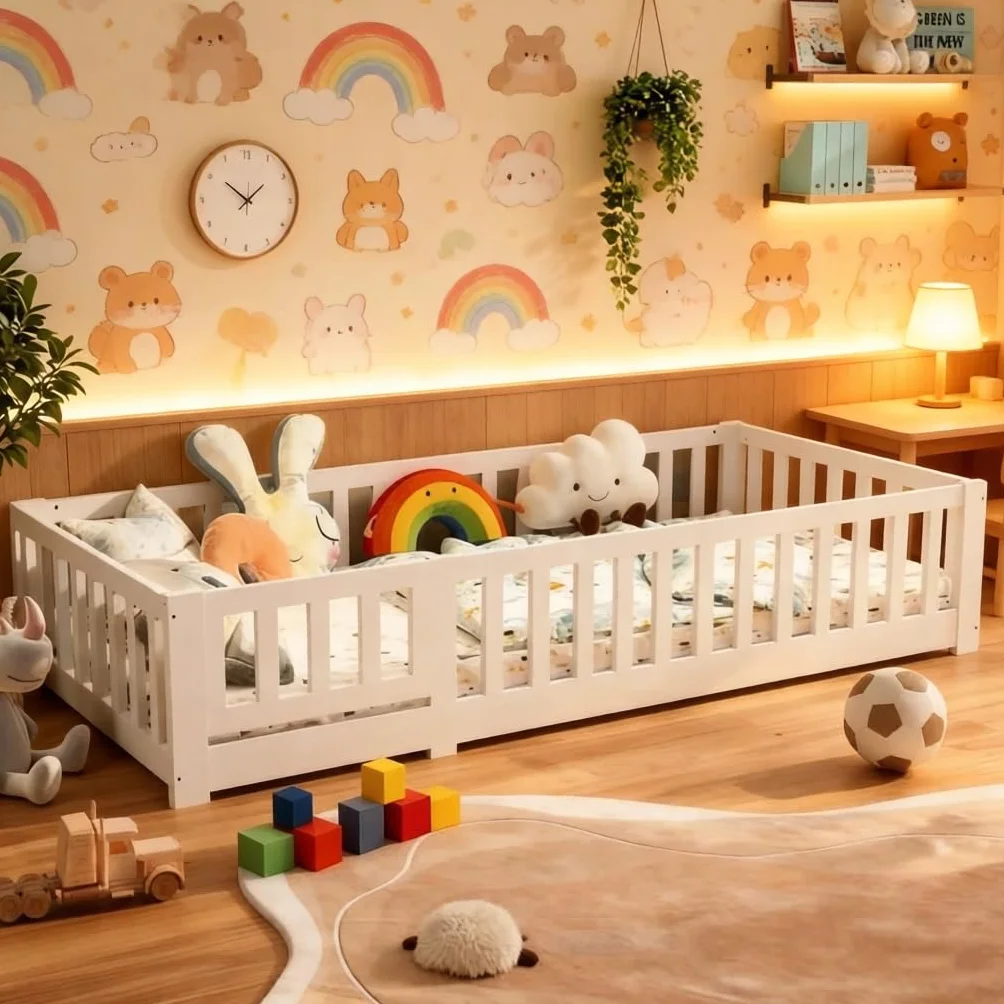 BestAlice Cama infantil Montessori de 90 x 190 cm, con protección anticaída y somier, cama juvenil, cama individual, para niñas y niños, madera maciza de pino incluida, color blanco