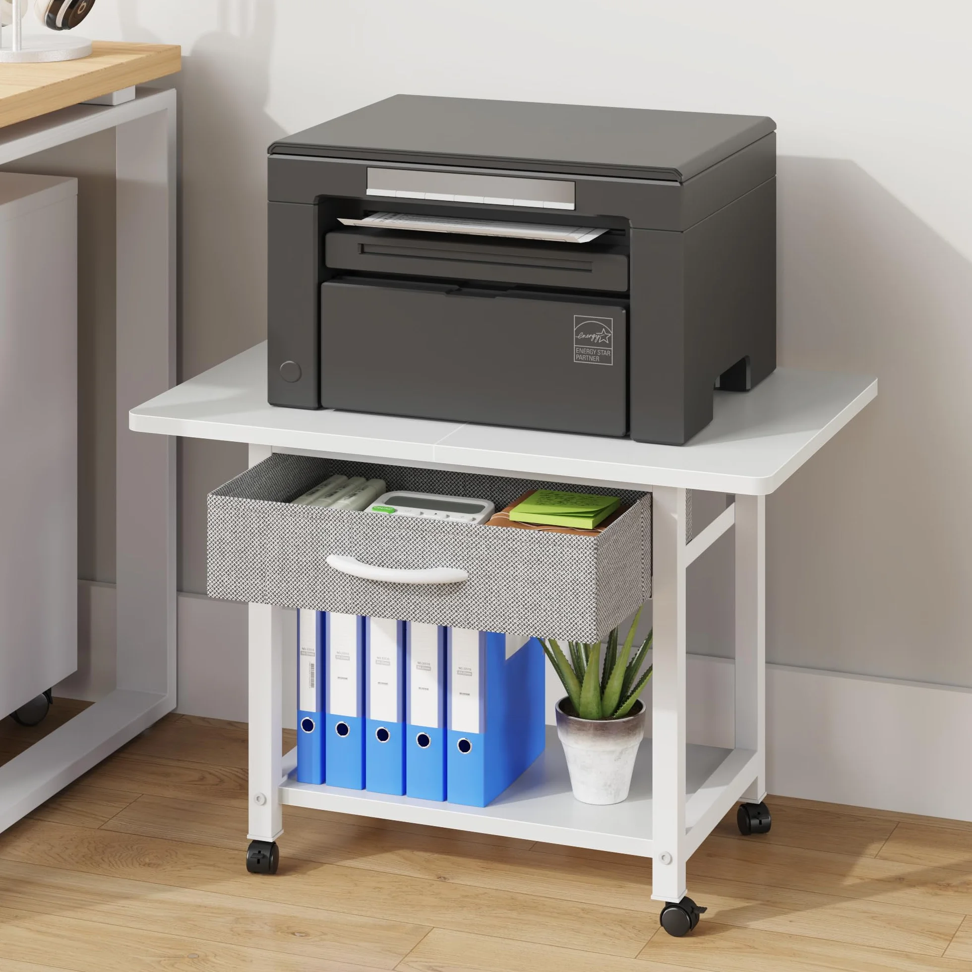 Mesa para Impresora con Ruedas 2 Niveles con Cajón, Estantería de Oficina Blanco