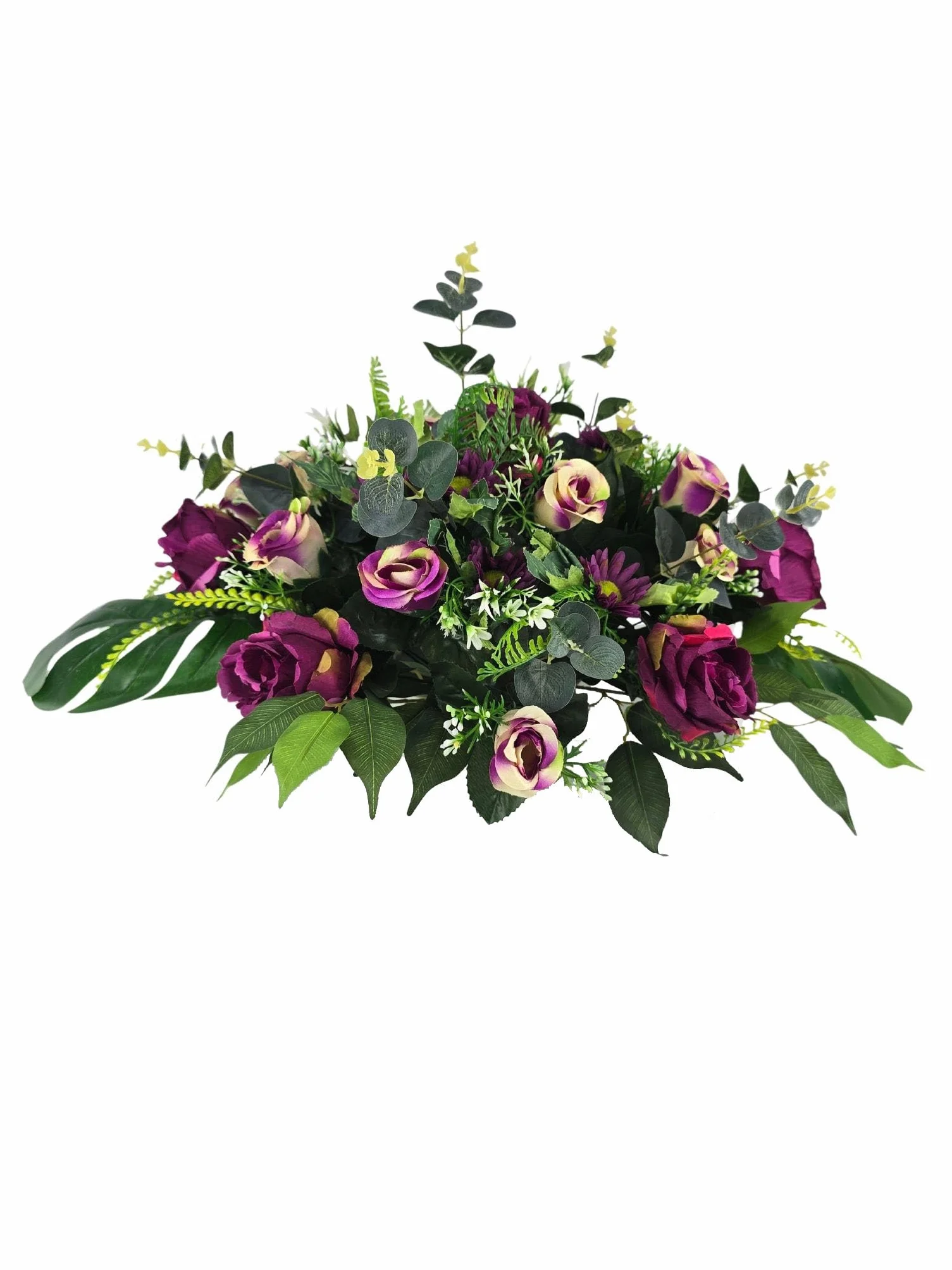 DRW Centro de Flores Artificiales cojin Cementerio procesiones, Iglesias Bodas o sepulturas con Flores Lilas y malvas Estilo Barco 70x50x40