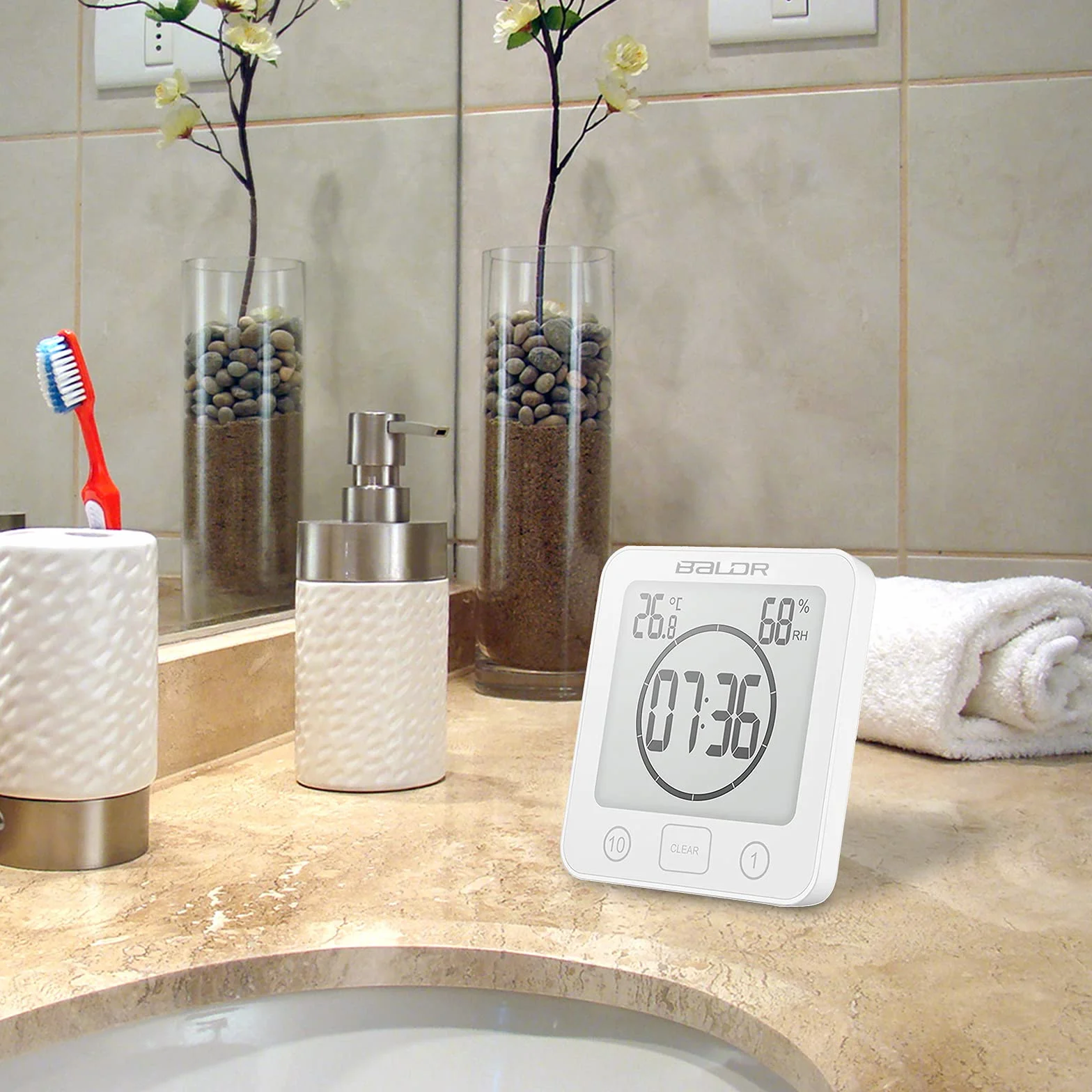 ZONJIE Reloj de baño impermeable digital con temporizador, ventosa, indicador temperatura humedad, táctil (blanco)
