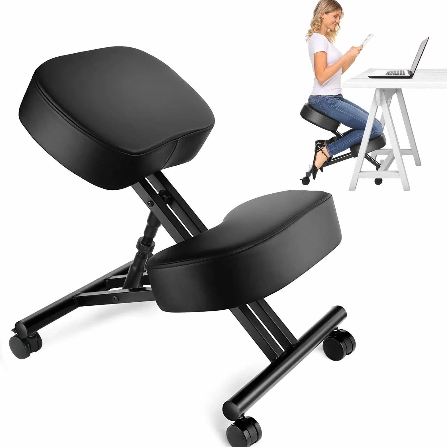 Himimi sillas ergonomicas de rodill | Piel sintética | Almohadillas Gruesas y cómodas | Ruedas con Freno| Taburete Ajustable para el hogar y la Oficina