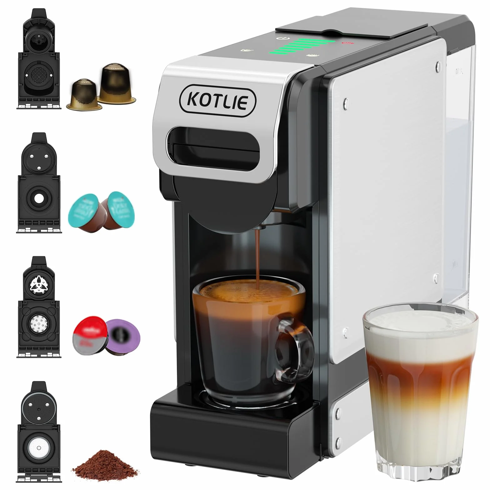 4 en 1 Máquina de Café en Cápsulas 19BAR para Lavazza MIO/Nespresso Original/Dolce Gusto cápsulas y Café Molido, Máquinas Automáticas de Café Espresso en Cápsulas Pequeñas, 1L, 1450 W (BLACK-ES) | 4 en 1 para cápsulas y polvos NES originales, DG*/Mio, 7 c