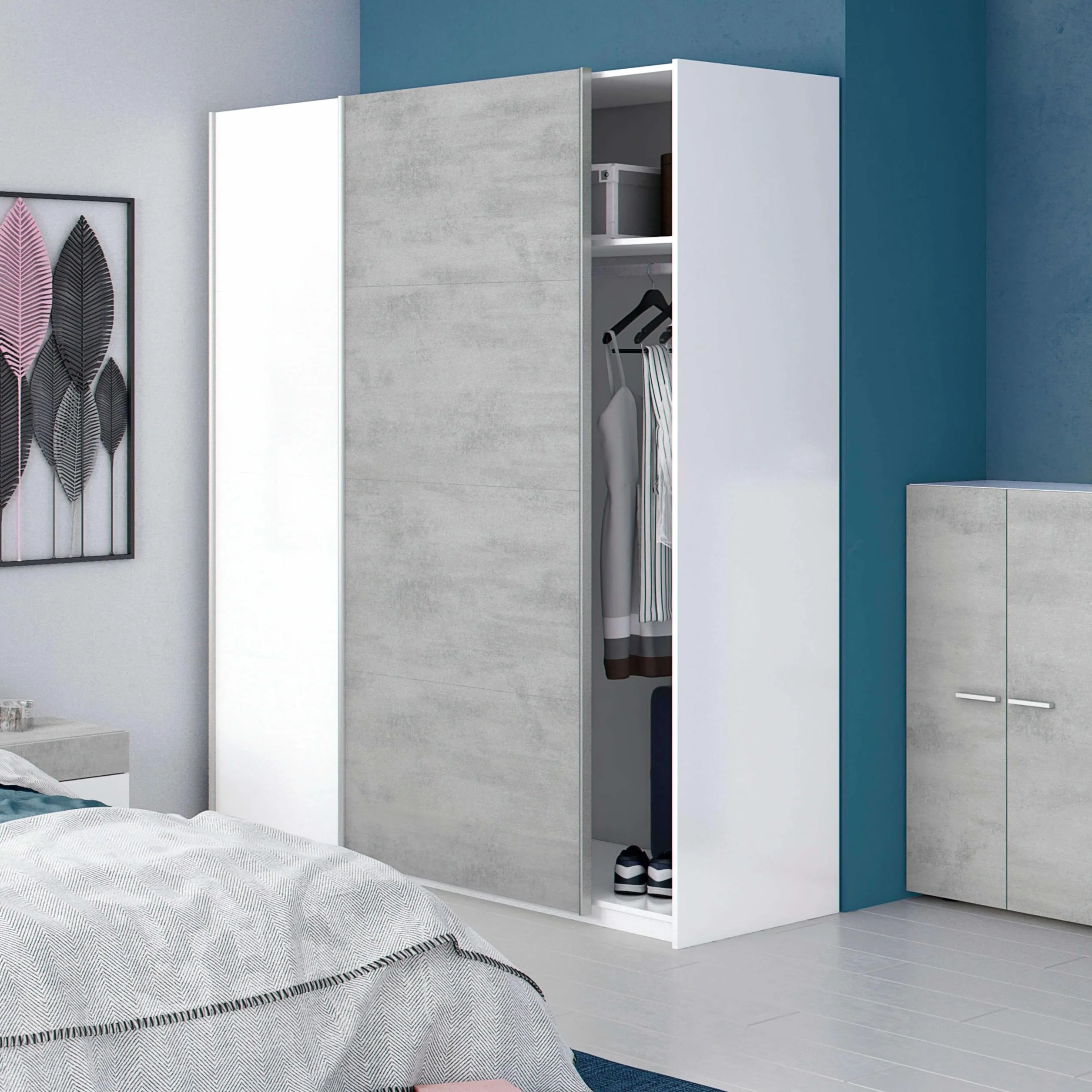Habitdesign Armario 2 Puertas Correderas con Estantes y Barra, 200x120x50 (AltoxAnchoxFondo - en cm), Color Blanco Artik y Cemento, Modelo Indira