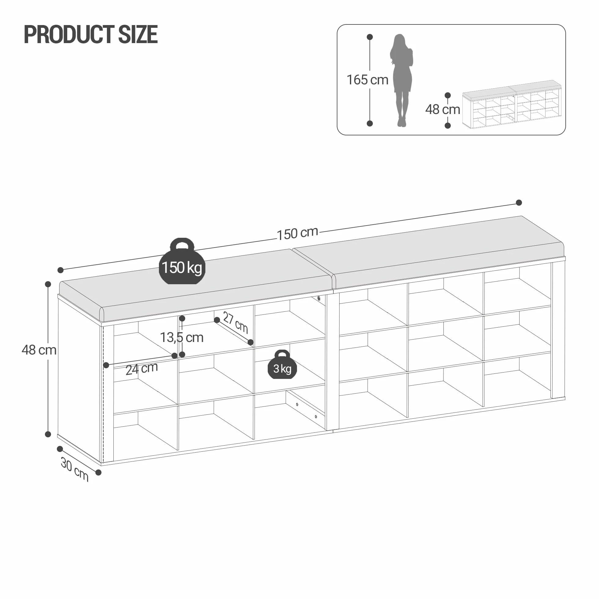 Hzuaneri Banco Zapatero, Zapatero con Asiento, Banco con Almacenaje, Cojín, 18 Compartimentos, 30 x 150 x 48 cm, para Salón, Pasillo, Dormitorio, Blanco SB25703GY