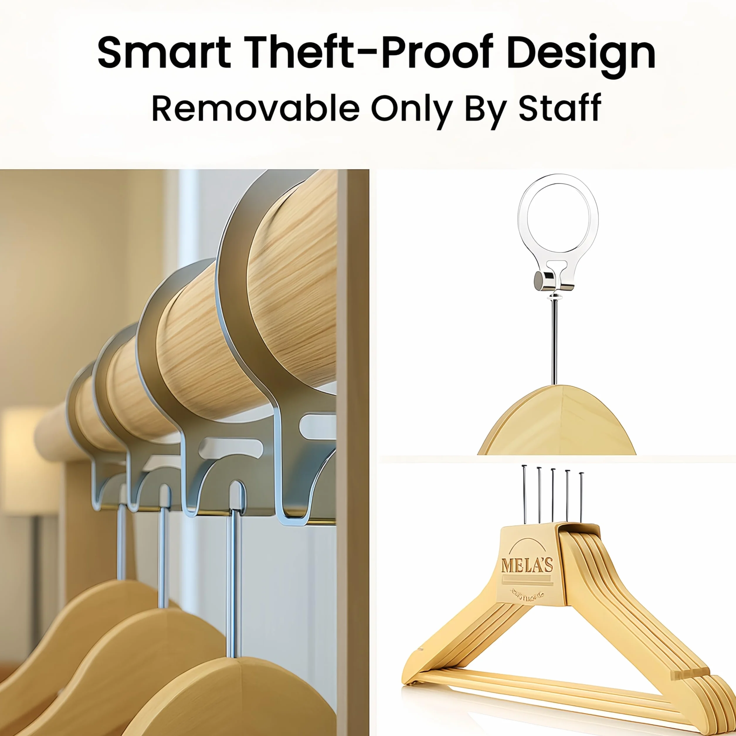 MELA'S Pack de 50 Perchas de Madera antirrobo con Anillo de Seguridad – Solo Desmontables por el Personal – para hoteles y Uso Profesional