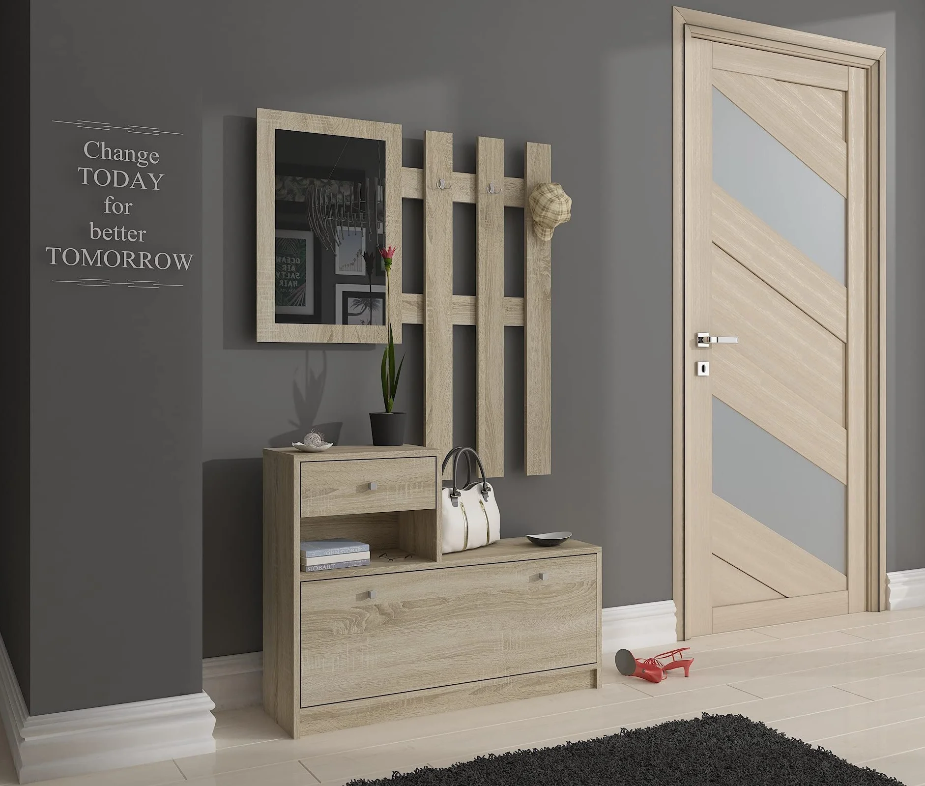 AKORD | Conjunto de Zapatero y Perchero | Zapatero con 1 Compartimento y 1 nicho con 1 cajón 90 x 70 x 25 cm | Pared con Espejo 90 x 100 cm | Set Completo de Entrada | Peso 39 kg | Roble Sonoma