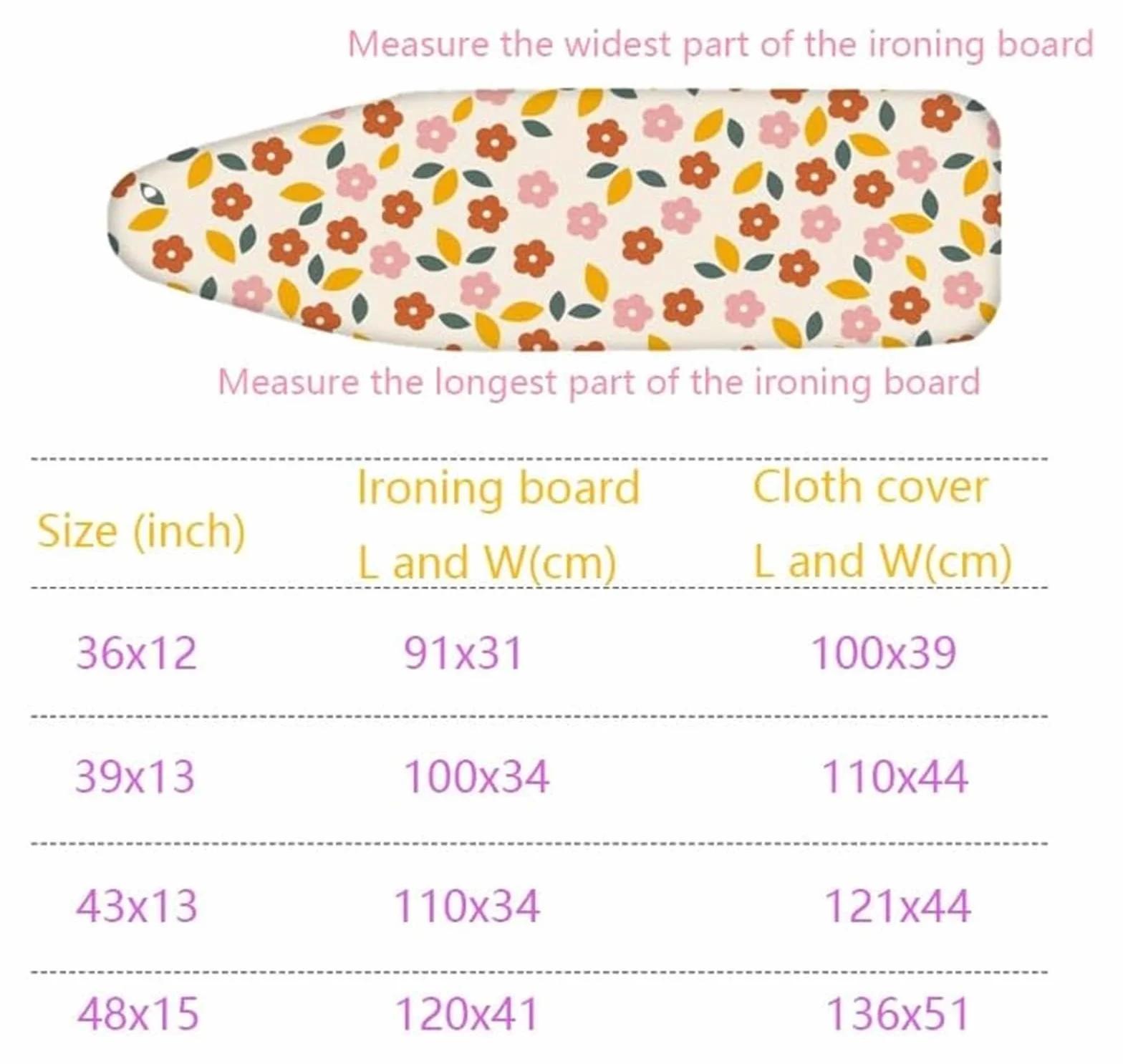 Funda de tabla de planchar de algodón, funda de tabla de planchar ajustable para tabla de planchar estándar, gruesa (dorado, 121,9 x 38,1 cm)