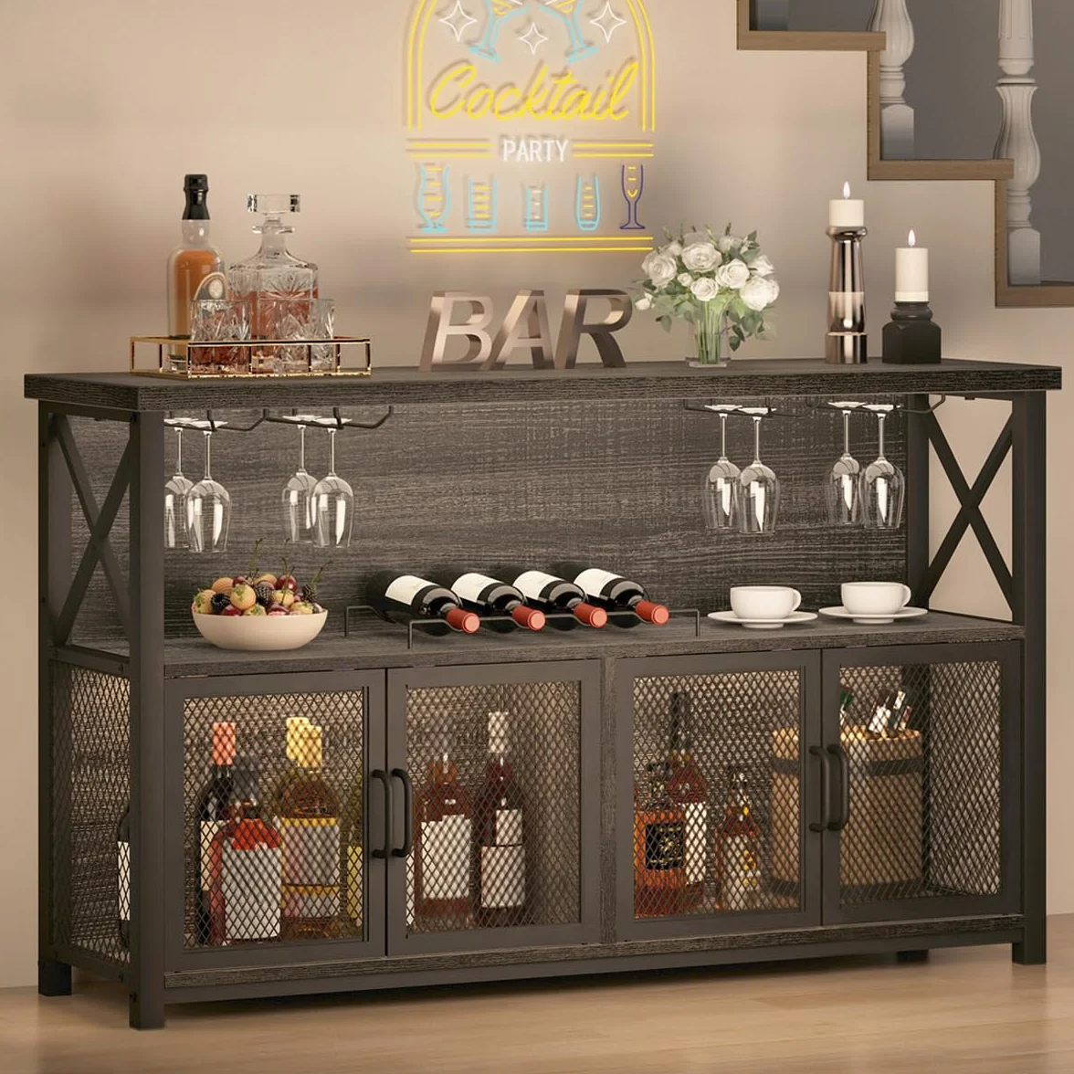 LVB Gabinete de bar de vinos, gabinete industrial para licor y vasos, aparador moderno con estante de almacenamiento, bar rústico de licor para cocina, comedor, sala de estar, roble gris oscuro, 47