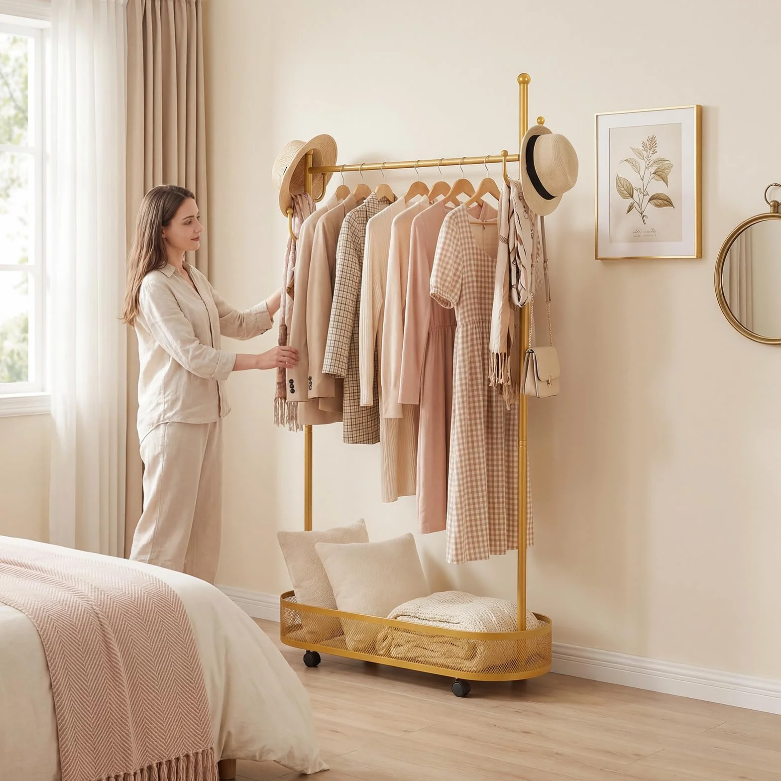 Perchero para ropa de color dorado y móvil, armario móvil de metal con ruedas cerradas, cesta de almacenamiento de malla y ganchos, para dormitorio, salón, vestidor (dorado)