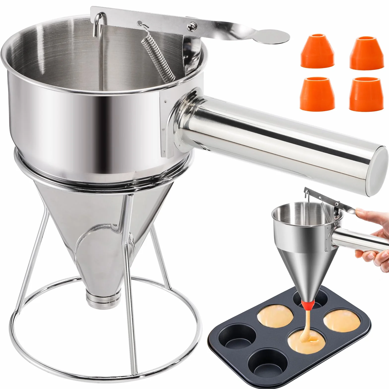 WRINGKIT Dispensador de masa de panqueques de acero inoxidable de 20 onzas, dispensador de pasteles con mango de soporte, vertedor de panqueques de calibre múltiple para cupcakes, donas, gofres o