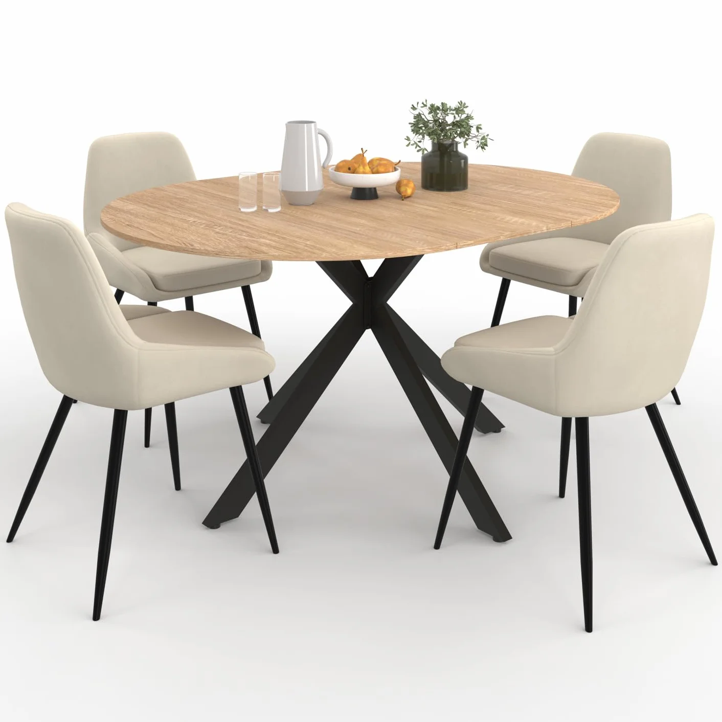 IDMarket – Conjunto de mesa de comedor extensible redonda Alix madera y negro 110-150 cm y 4 sillas THALYA Terciopelo Beige