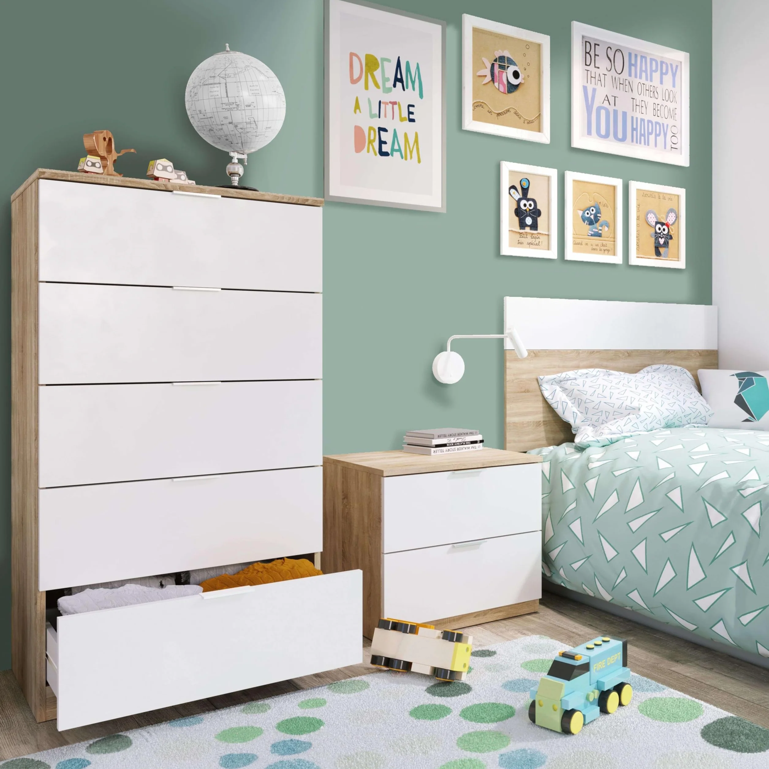 Miroytengo Conjunto Habitación Juvenil Infantil Blanco Artik (Mate) Y Roble Canadian (Cabezal+mesita+sinfonier)