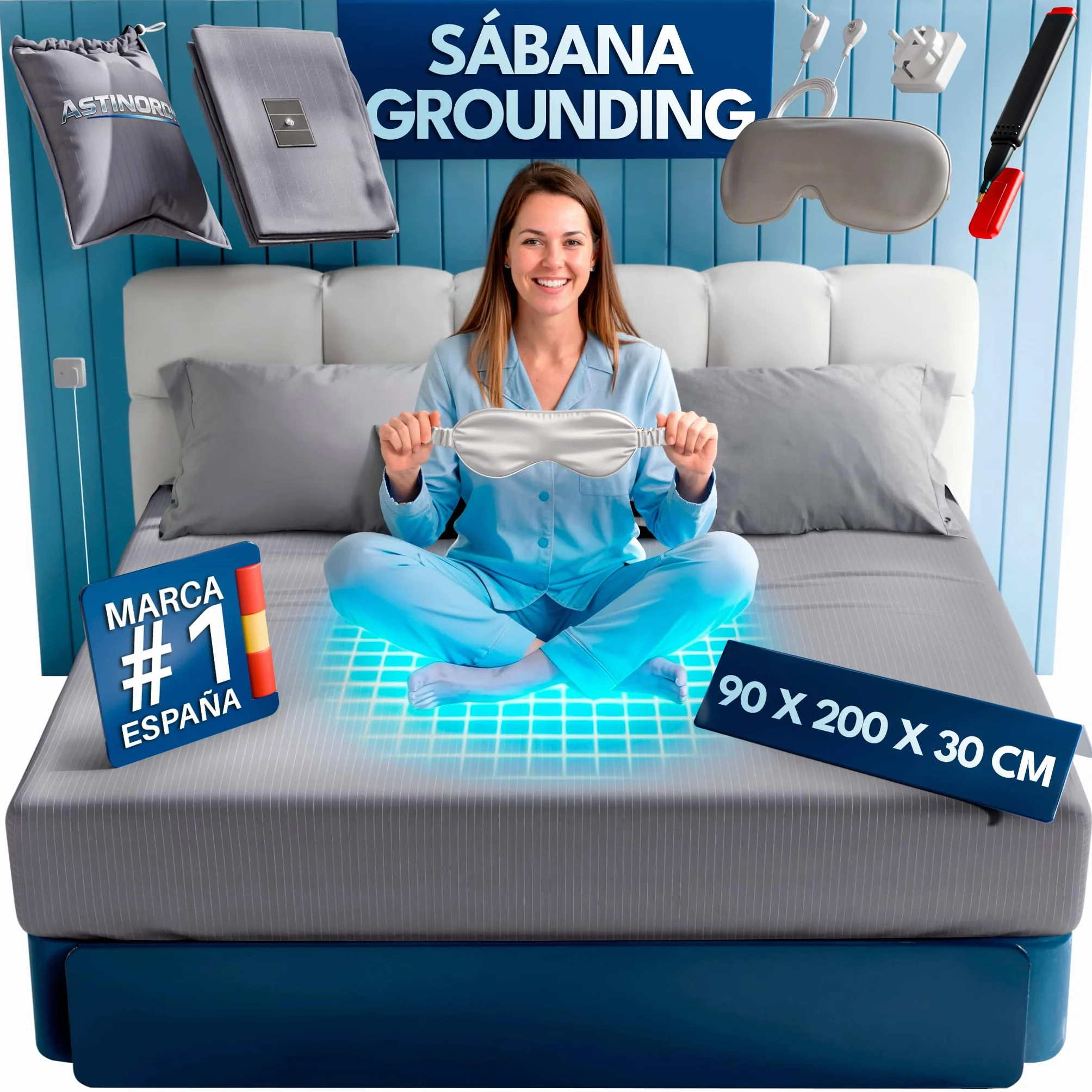 Sabanas Grounding Ajustable 10% Plata 90% Algodon| Sabanas de Conexion a Tierra + Cabezal + Cable + Tester + Antifaz Lino (Gris, Cama Individual (90x200x30))