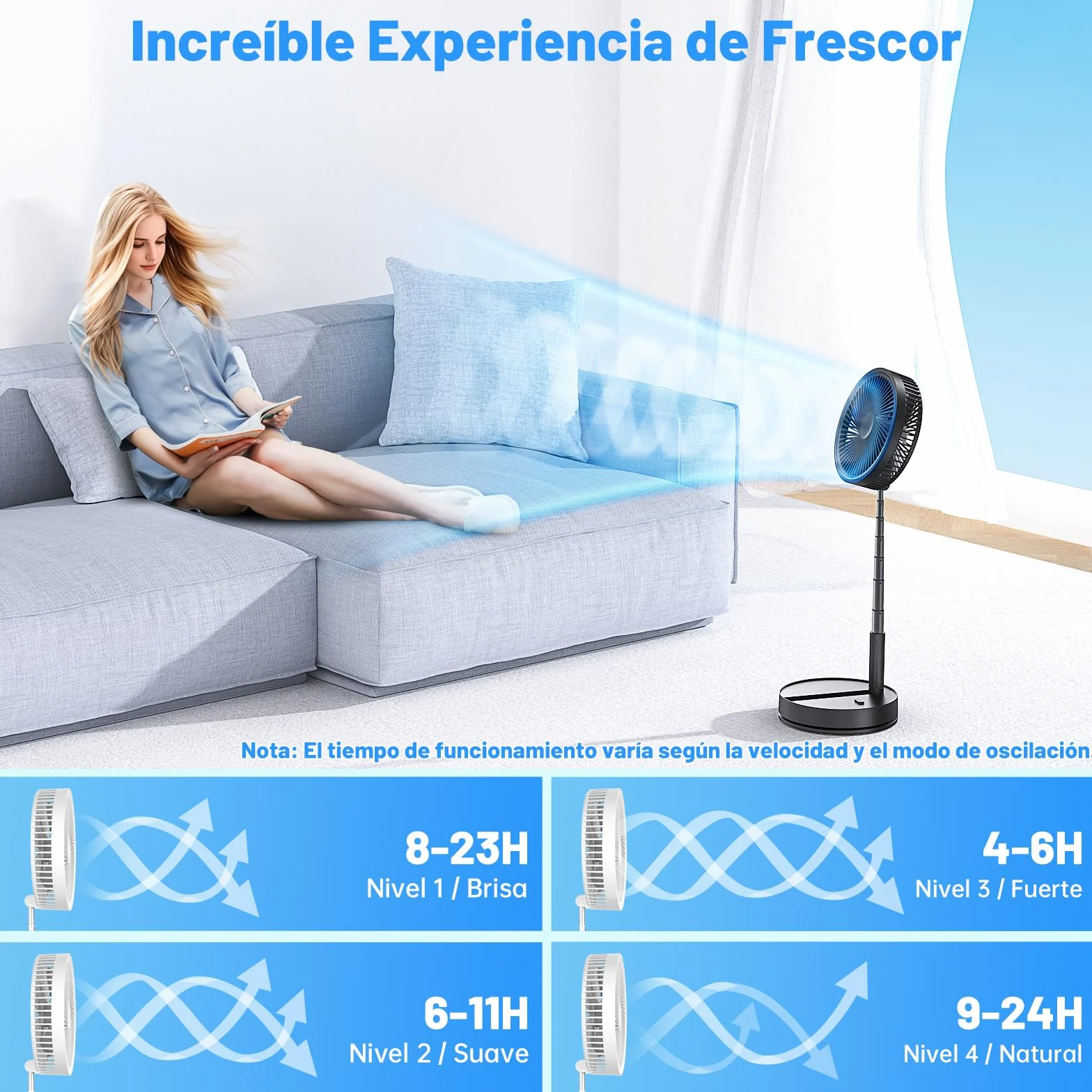 Ventilador de Pie Portatil Silencioso - 8,6" Recargable Fan | Plegable, Oscilante, 4 Velocidades, Temporizador, 8000mAh Bateria, Mando a Distancia. Ideal para Dormir Oficina Camping