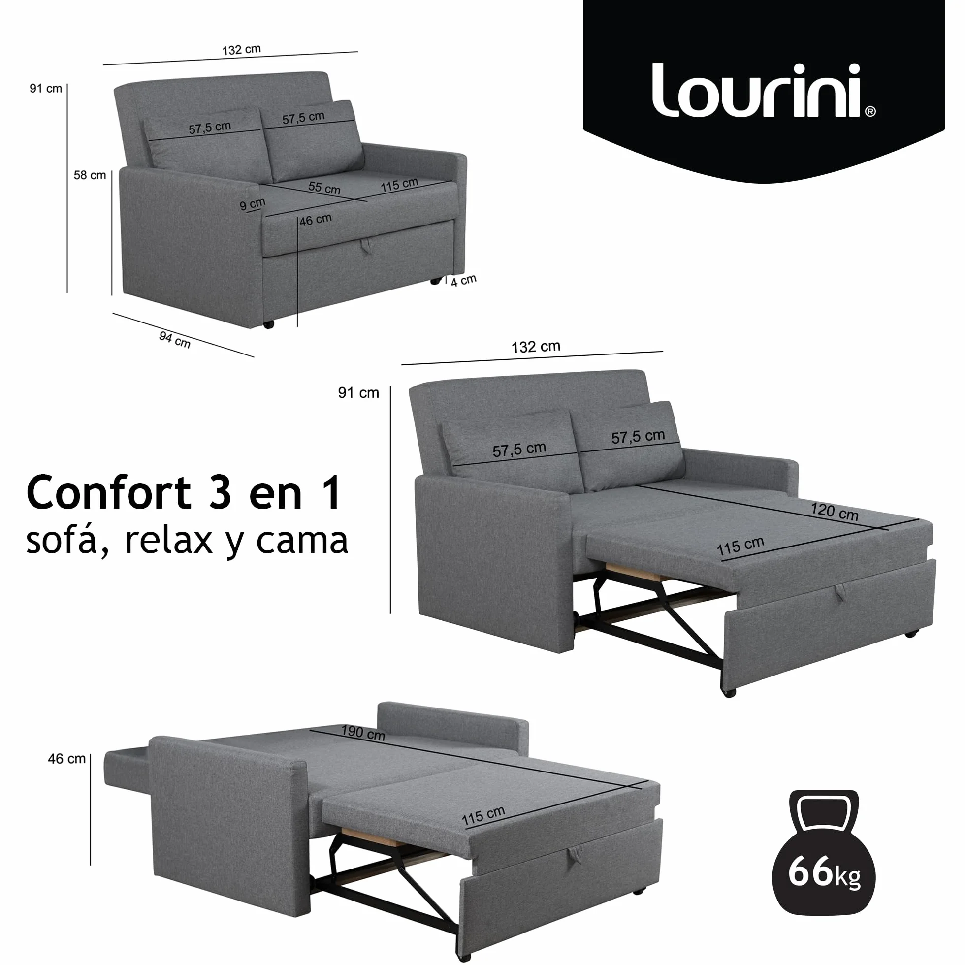 Sofá Cama 2 Plazas, Sillón Cama Plegable Convertible, Sofa Bed Double Matrimonio 132 cm, Extraíble y Extensible, Dos Plazas, Máxima Comodidad, Moderno y para Espacios Reducidos