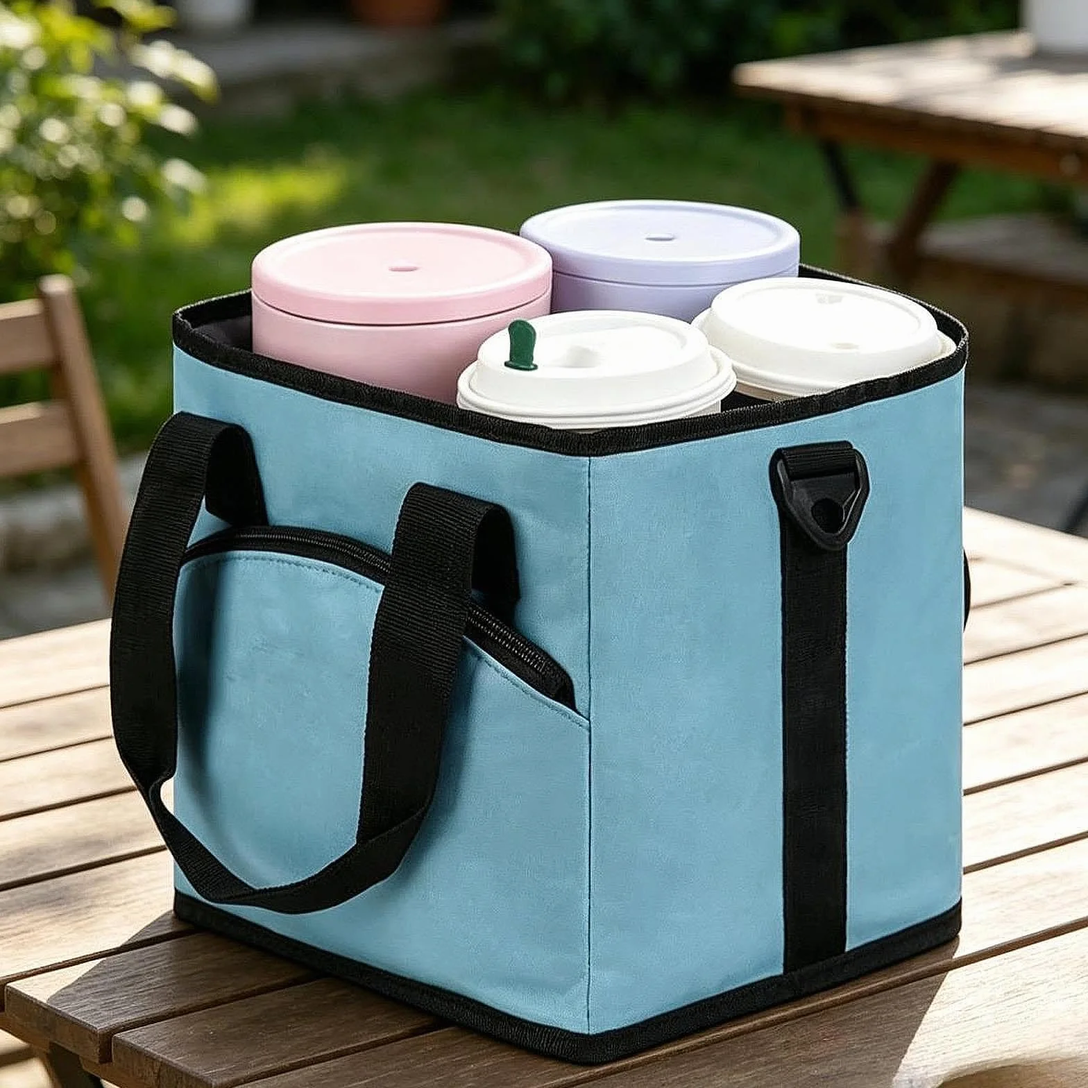 Bolsa isotérmica para Bebidas con portabotellas, separadores Ajustables y 4 Compartimentos con Bolsillo Frontal para Camping, Azul