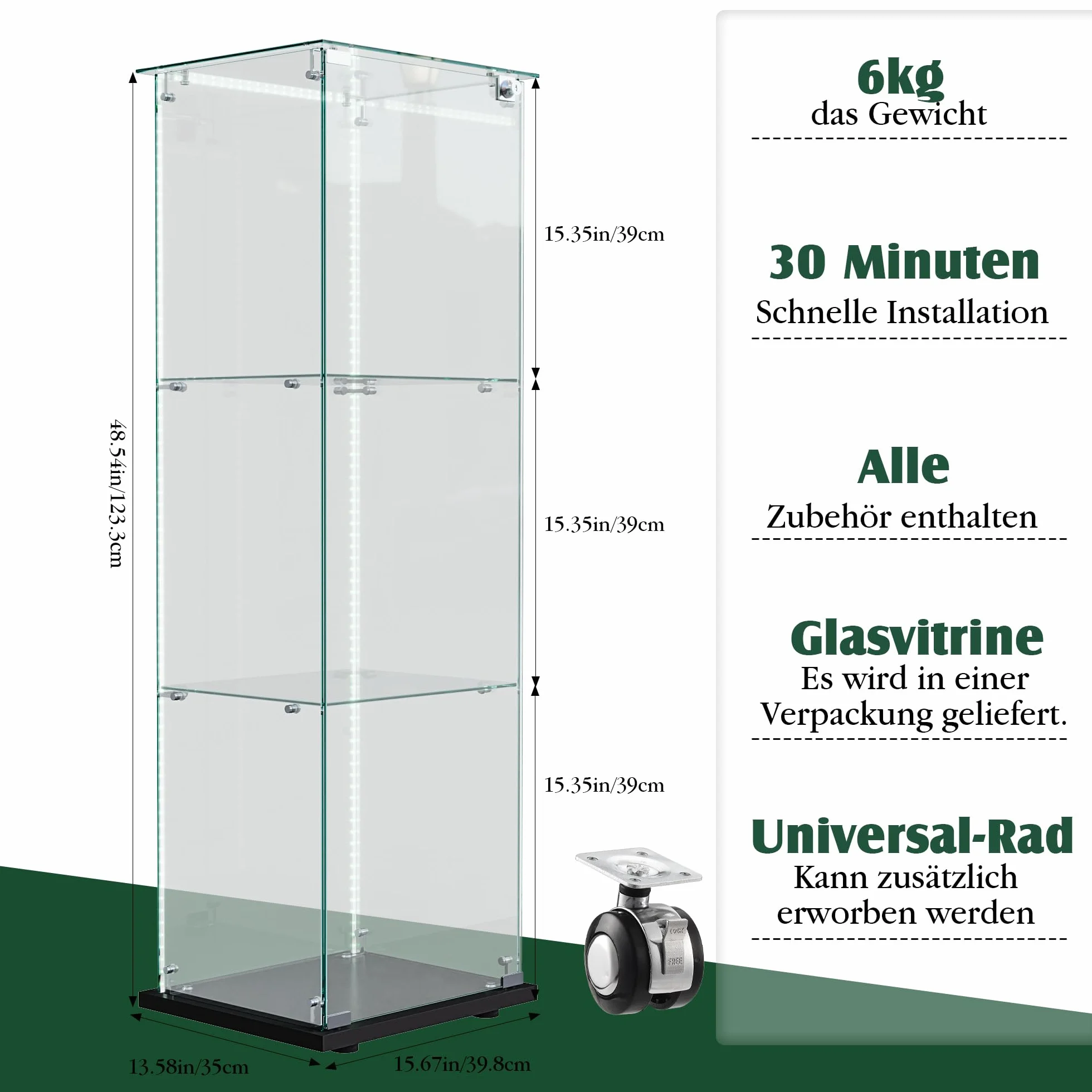 vitrina de cristal con LED, armario de colección moderno con 3 estantes 1 puerta, vitrina de pie para sala de estar, dormitorio, oficina, 123 x 40 x 35 cm (negro + puertas individuales + luces