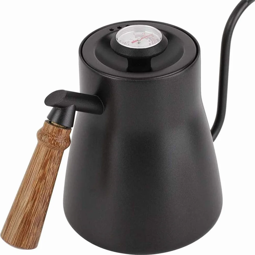POEFT Tetera de café de 850 ml con termómetro integrado, de acero inoxidable, cuello de cisne, cafetera larga y estrecha con mango ergonómico de madera aislado