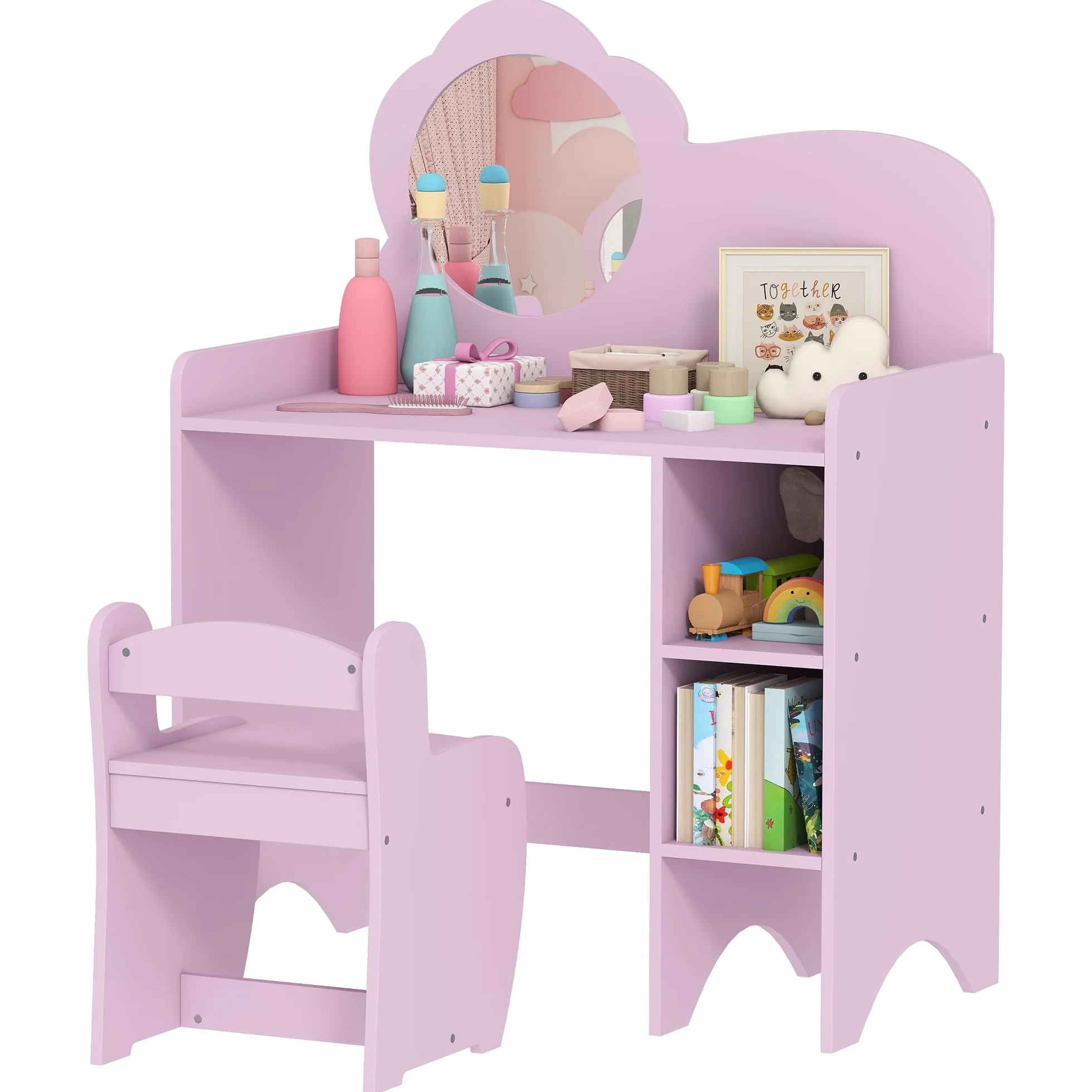 AIYAPLAY Tocador de Maquillaje Niña 2 en 1 Escritorio Infantil con Taburete Espejo Flor Estantes Abiertos Morado