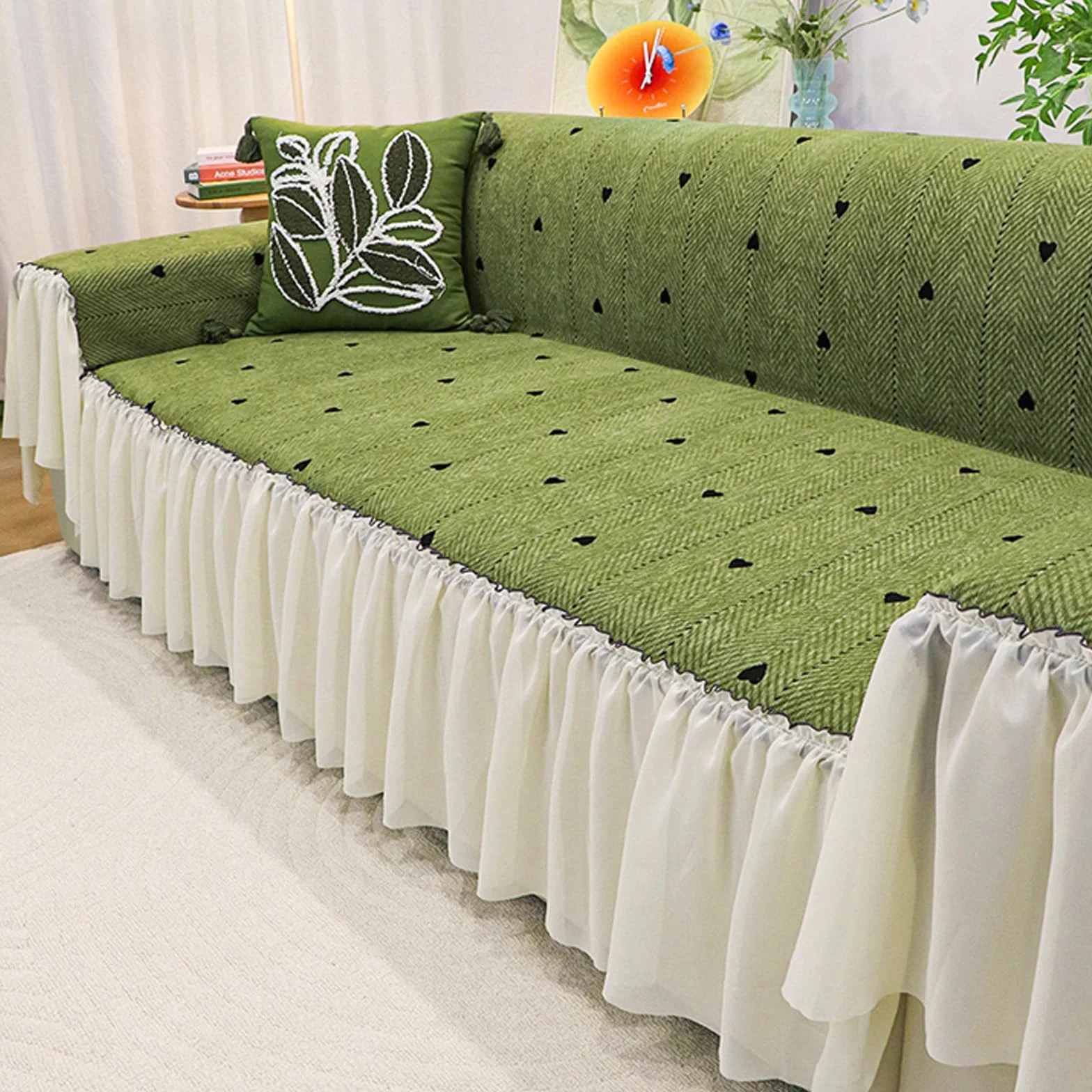 Funda de sofá de felpilla con patrón de espina de pescado para sofás en forma de L y en forma de U, elegante protector de sofá verde, 180 x 380 cm, duradero y fácil de limpiar