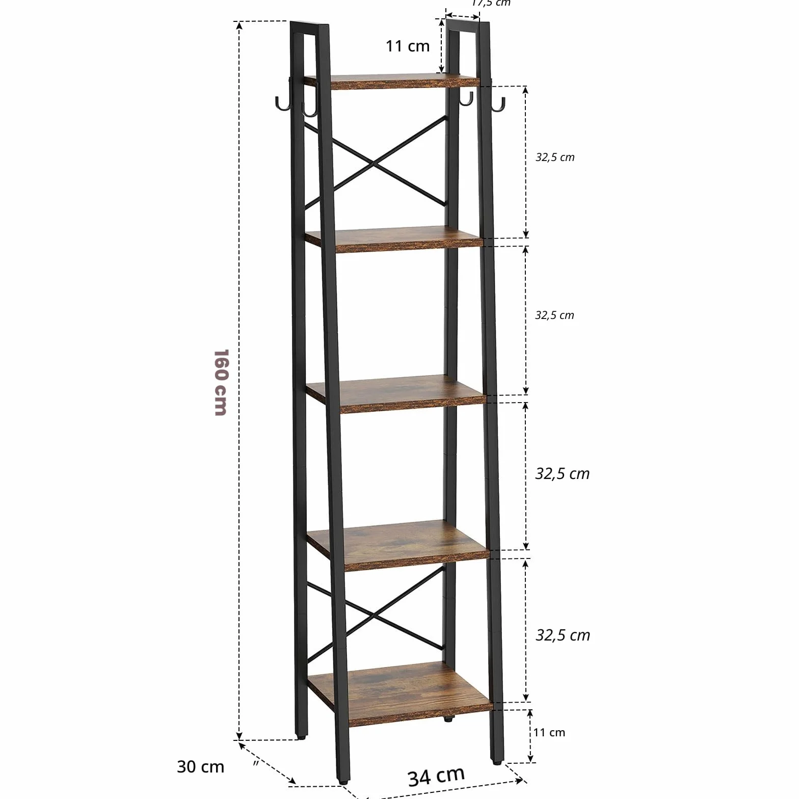 YMYNY 160CM Librería, Estantería de Escalera con 4 Ganchos, Estantería de 5 Niveles, para Salón Dormitorio Cocina Oficina en Casa, Estilo Industrial, Marco de Metálica, Marrón Rústico HBC025H