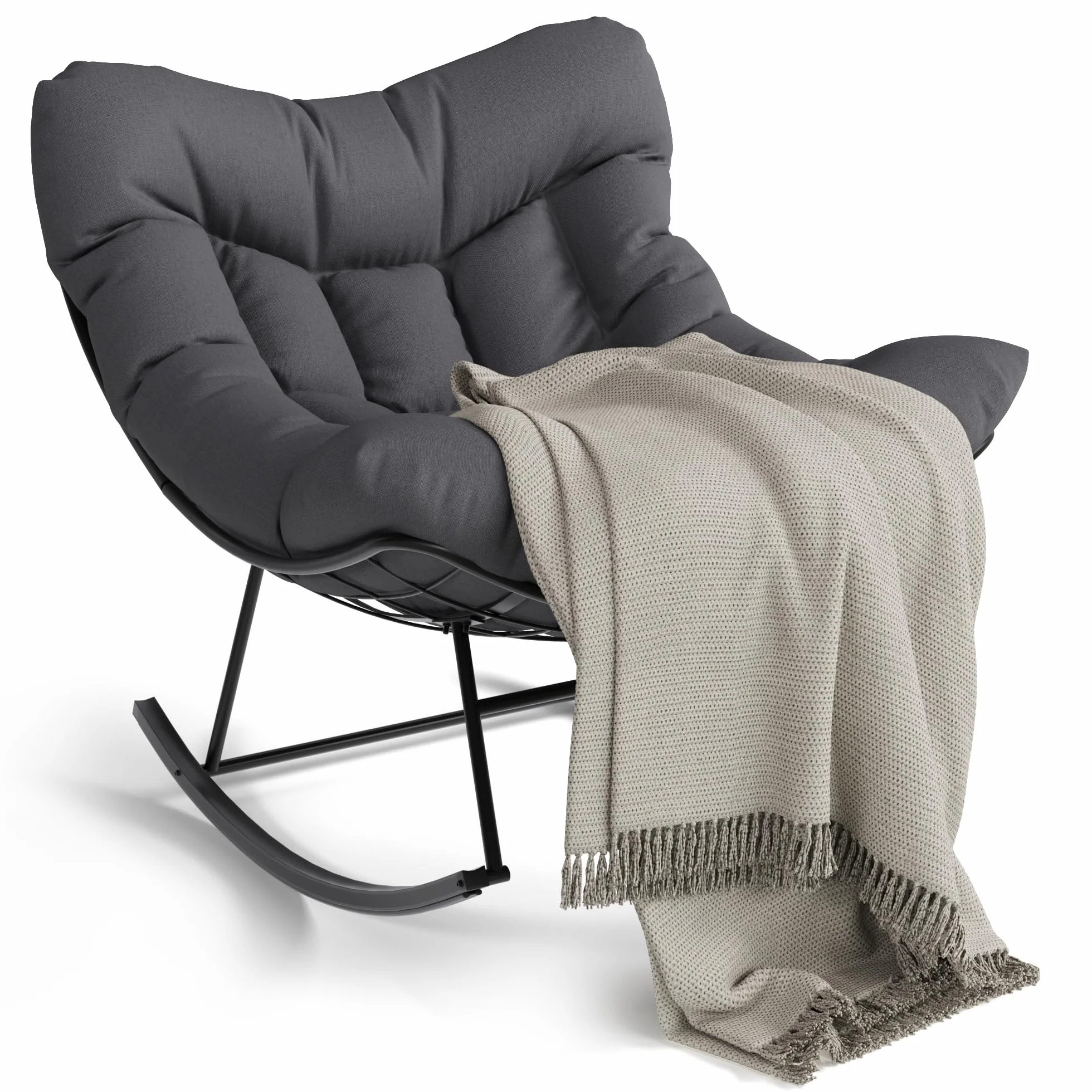 Garvee Mecedora Papasan Grande para Uso en Exteriores: Silla Huevo de Ratán Tejida a Mano, Estructura de Metal Resistente, Incluye Cojín de Secado Rápido, Resistente a La Intemperie y Cómoda, Gris