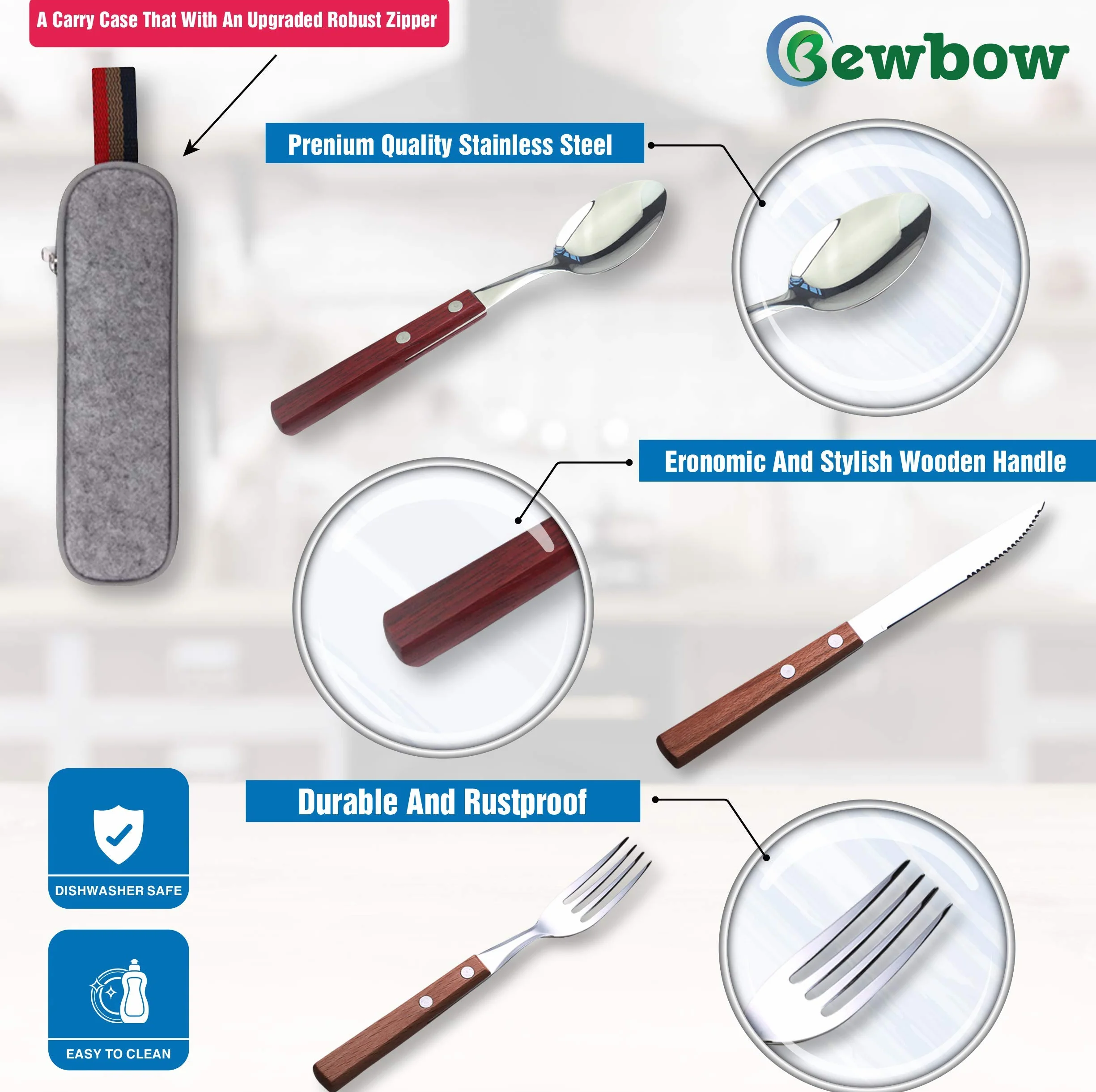 Juego de utensilios de viaje de acero inoxidable de alta calidad con funda, saludable y ecológico, 3 piezas, tenedor, cuchara, portátil, utensilios reutilizables con estuche