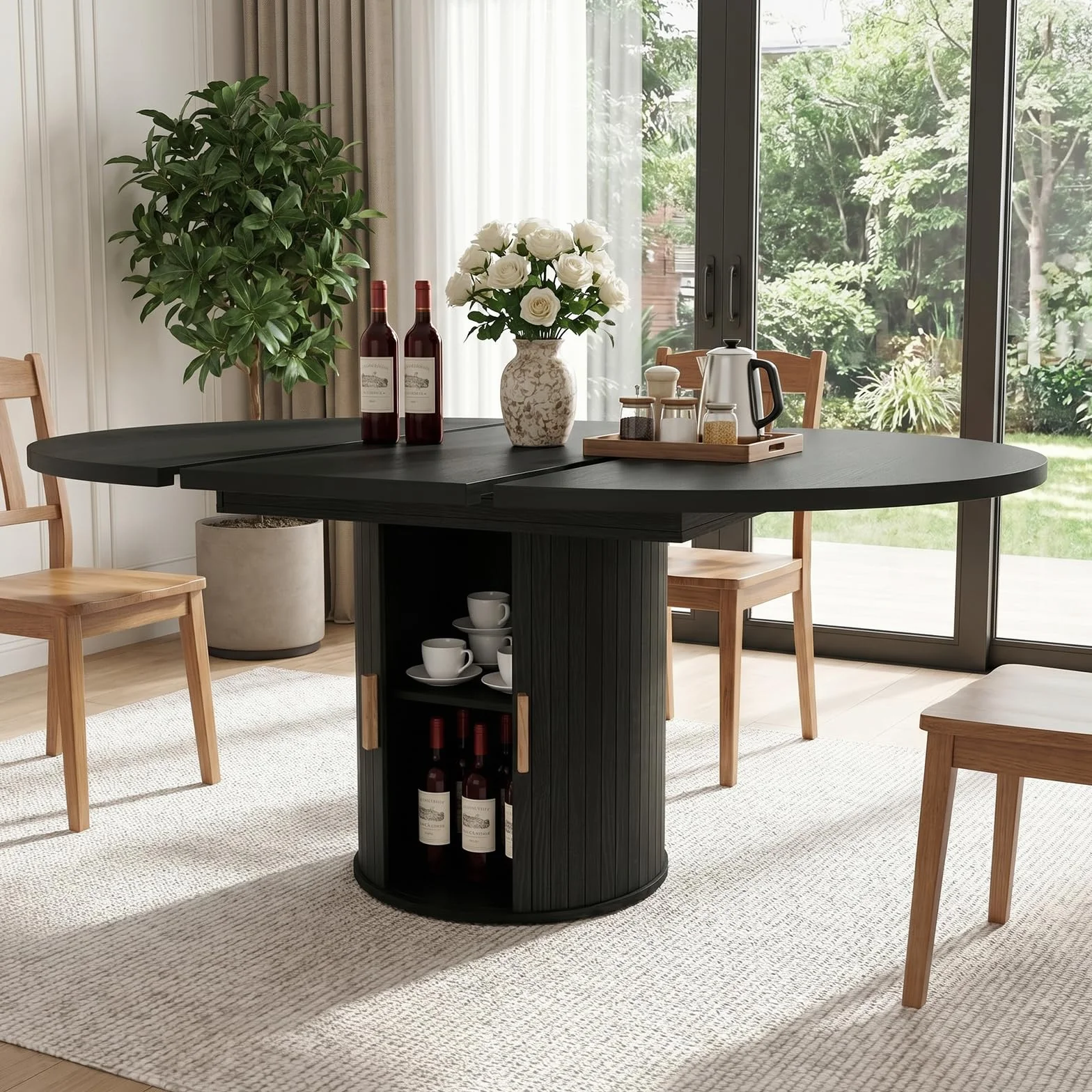 Mesa de comedor redonda extensible - de redonda a ovalada | Mesa de comedor moderna con base cilíndrica, mesa de cocina de madera para 4-6 personas, color negro (solo mesa)