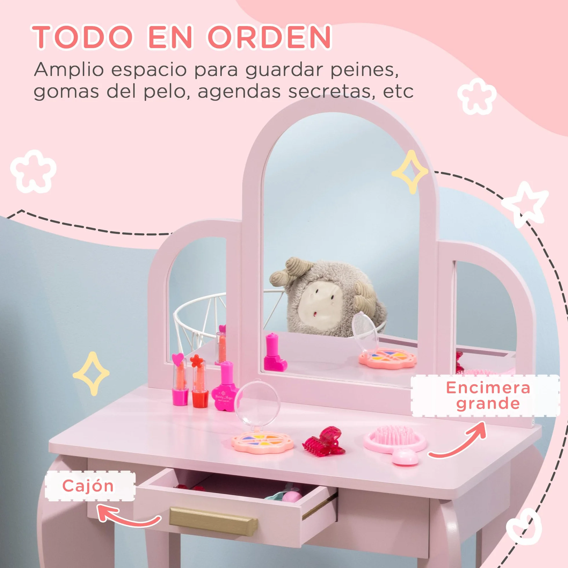 HOMCOM Tocador Infantil con Espejo y Taburete de Maquillaje Madera Rosa para Niñas 3-6 Años