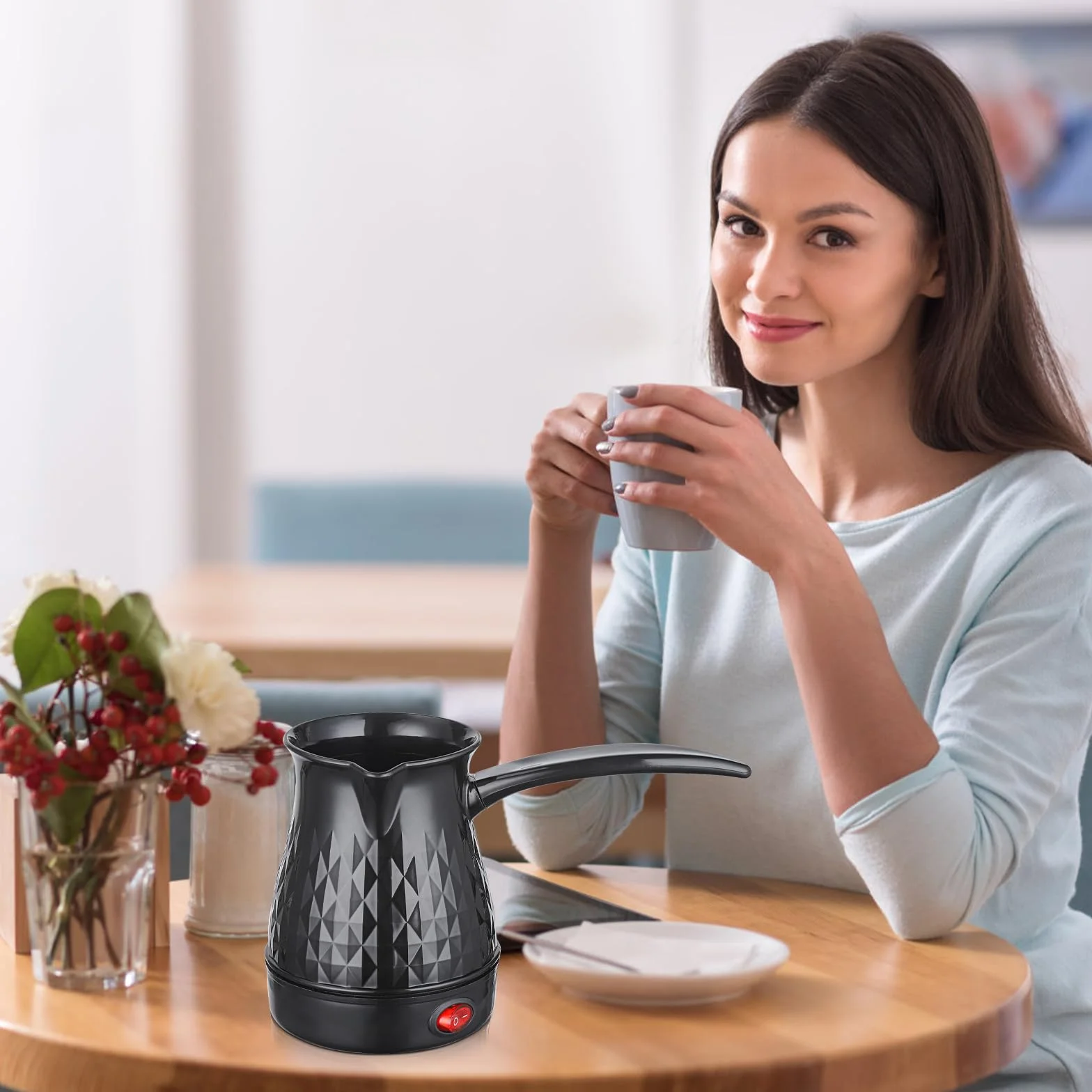 SPORWAY Cafetera Espresso de Inducción - Cafetera Turca con Cuchara Medidora, Moca de 500 ml para Camping, Elegante Negro