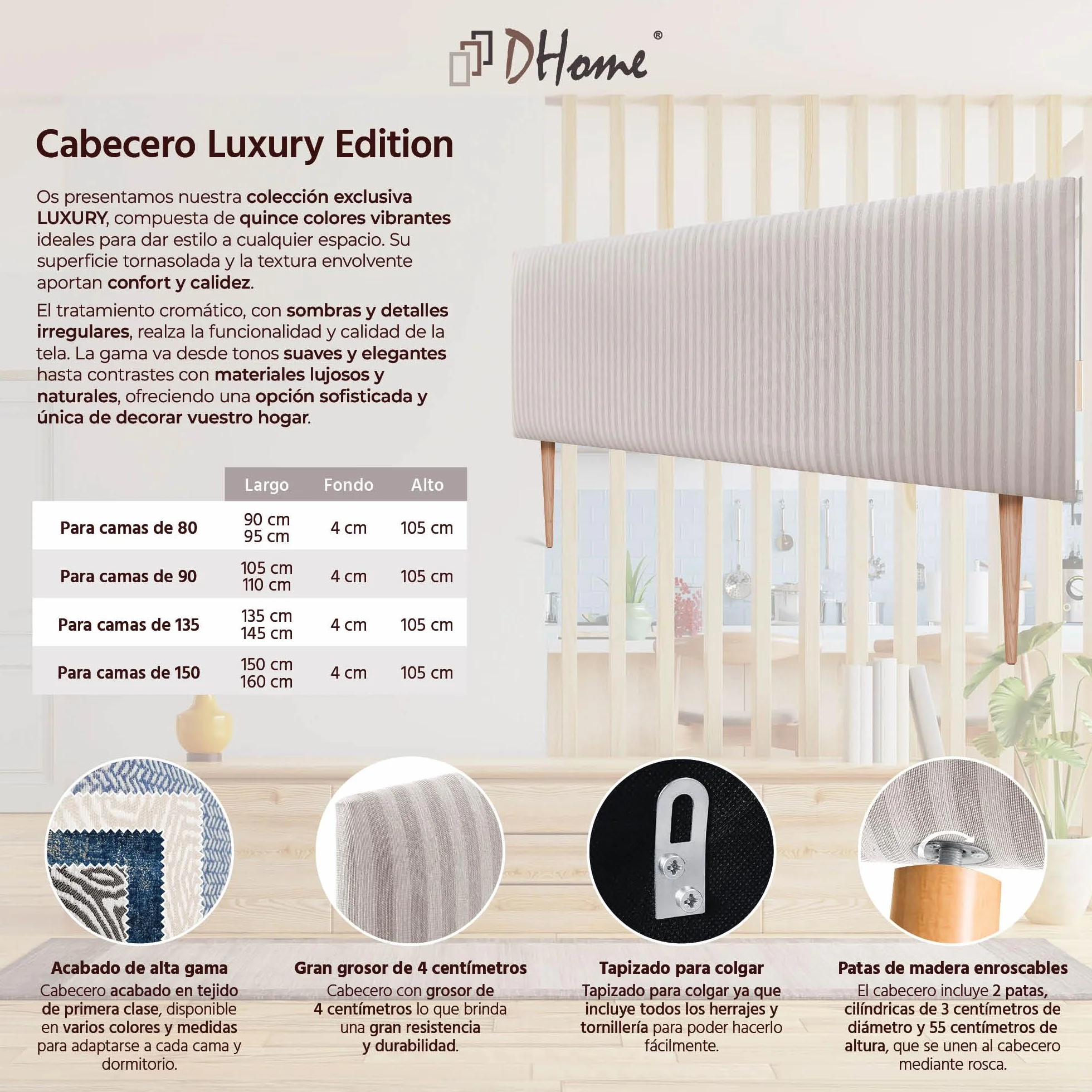 DHOME Cabecero Tapizado Liso Exclusivo Serie Luxury Edition con Patas para Pared Acústicos Cabeceros Absorbentes Cabezal Cama Dormitorio (Cream, 150cm, 4cm Grosor)