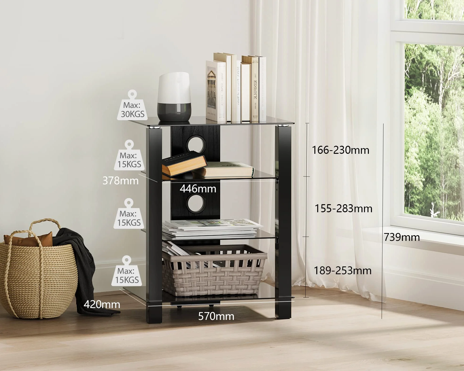 FITUEYES Mueble HiFi Negro con 4 Estantes de Cristal Templado,Mueble HiFi Mesa con 3 Columnas y Gestión de Cable,57 * 42 * 73.9cm